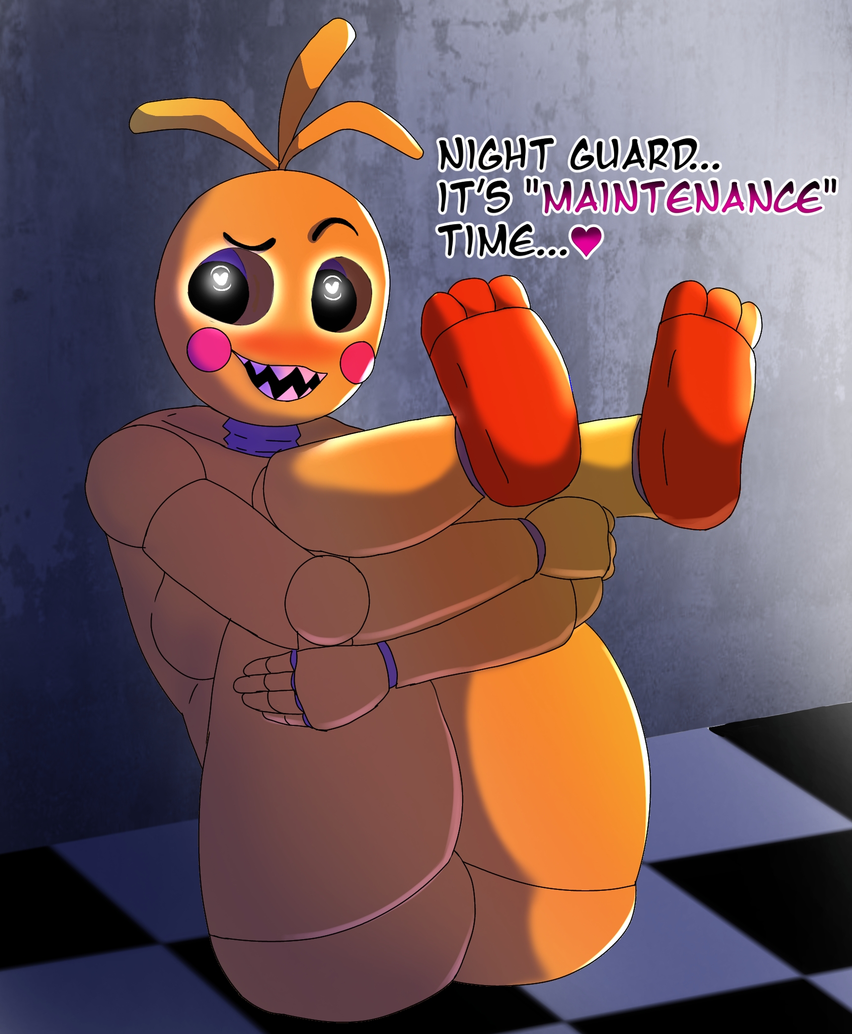 animatronic, ass, cute, cute fangs, feet, female, five nights at freddy's, five nights at freddy's 2, fnaf, foot fetish, robot, robot girl, robot humanoid, thick ass, thick thighs, toy chica (fnaf), toy chica (love taste)