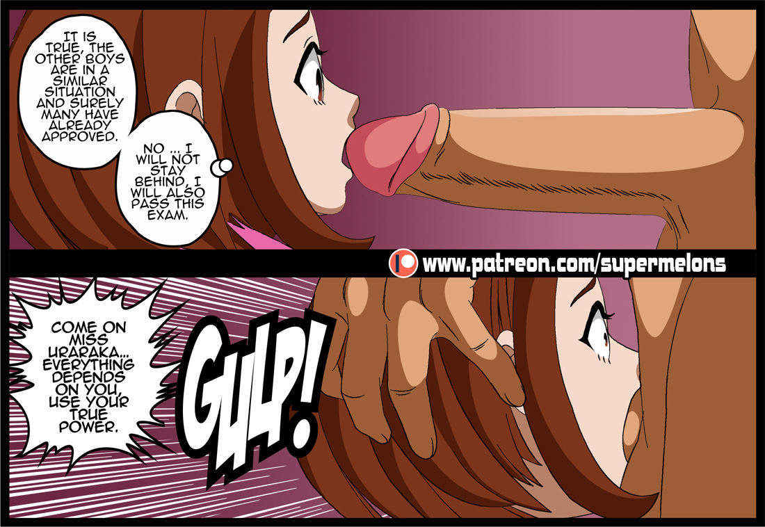 1boy, 1girls, all might, all the way to the base, balls, big penis, brown hair, brown-haired female, comic, dark skin, dark-skinned male, deepthroat, fellatio, female, interracial, large penis, male, my hero academia, ochako uraraka, oral, patreon, penis, straight, sucking, super melons, surprised, testicles