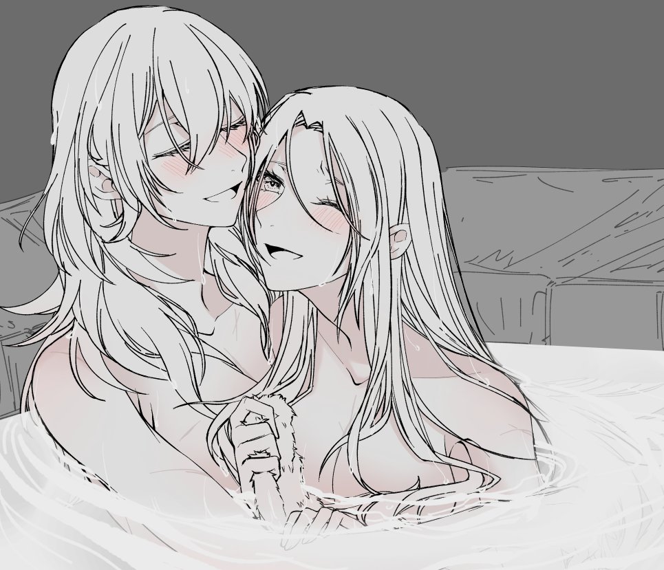 2girls bath bathing blush byleth_(fire_emblem) byleth_(fire_emblem)_(female) closed_eyes cute edelgard_von_hresvelg english_commentary female female_only fire_emblem fire_emblem:_three_houses huge_breasts long_hair messy_hair monochrome multiple_girls nintendo nude partially_submerged piiroinardesco wholesome yuri