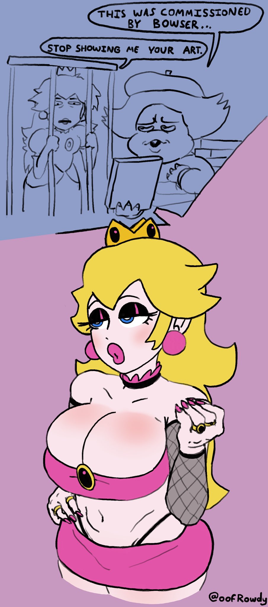 1boy, 1girls, 2020, artist, big breasts, big lips, bimbo, bimbofication, black eyeshadow, blonde hair, blue eyes, breasts, cage, cleavage, clothing, comedy, detached sleeves, dialogue, english text, eyeshadow, female, female focus, fishnet armwear, funny, half-closed eyes, hand on hip, huge breasts, humor, koopaling, large breasts, lipstick, long hair, ludwig von koopa, male, mario (series), midriff, multiple images, nail polish, oofrowdy, pink lips, pink lipstick, pink nails, princess peach, revealing clothes, ring, short skirt, skirt, source request, speech bubble, standing, tagme, text, thong, tubetop