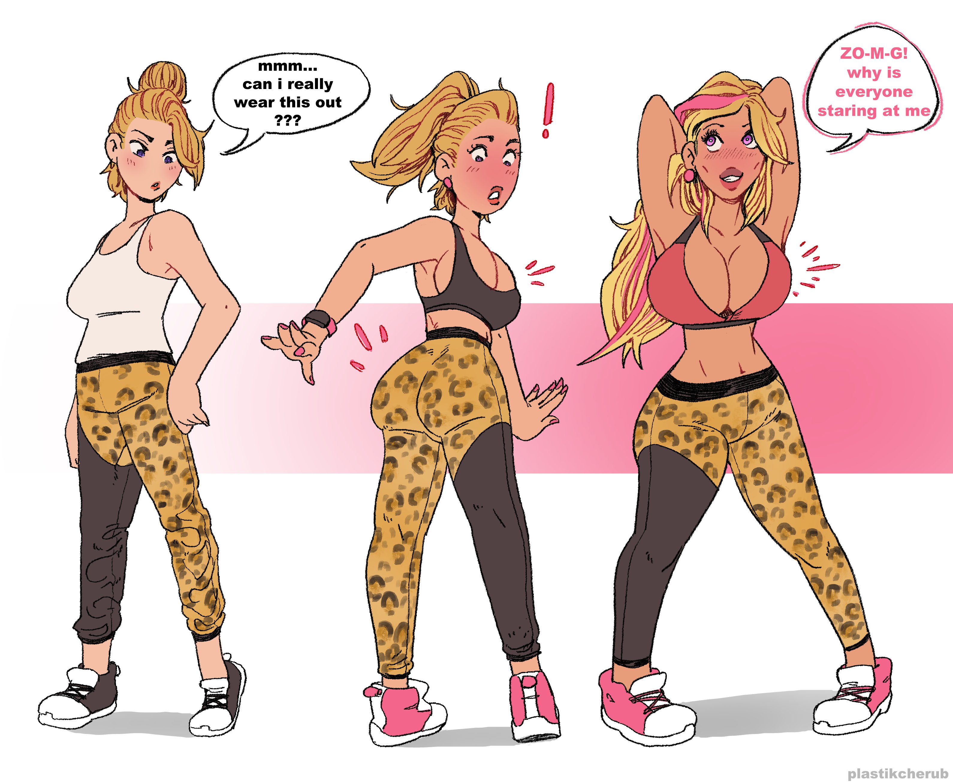 ass, ass expansion, bimbo, bimbofication, breast expansion, breast growth, breast growth (enlargement), breasts, female, hair color change, hair growth, huge ass, huge breasts, leopard print, lip expansion, navel, personality change, plastikcherub, streaked hair, thigh expansion, transformation, transformation sequence