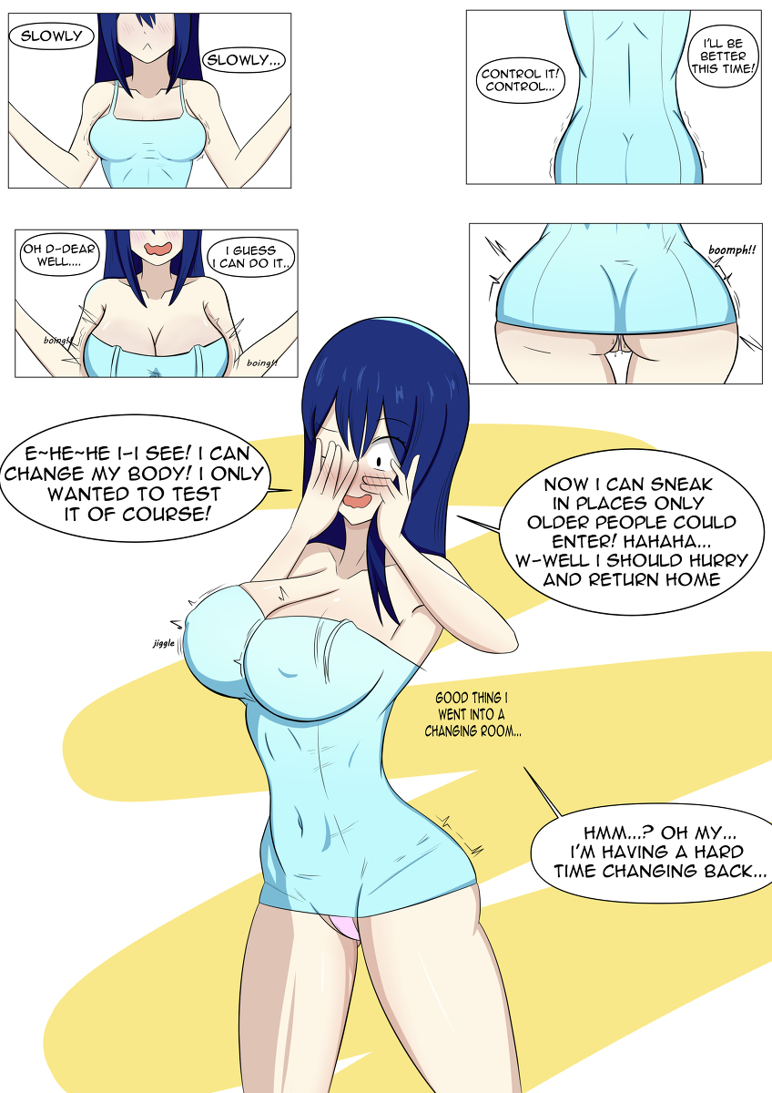 age progression, ass expansion, blank background, blue clothing, blue dress, blue hair, blush, blush lines, breast expansion, breast growth, breast growth (enlargement), breasts, chronusdraws, comic, comic page, covering face, dialogue, english, english text, fairy tail, female, long hair, nipple bulge, onomatopoeia, pussy, pussy juice, pussy juice drip, shaking, tagme, tight clothes, tight clothing, tight fit, underwear, wendy marvell, wet pussy