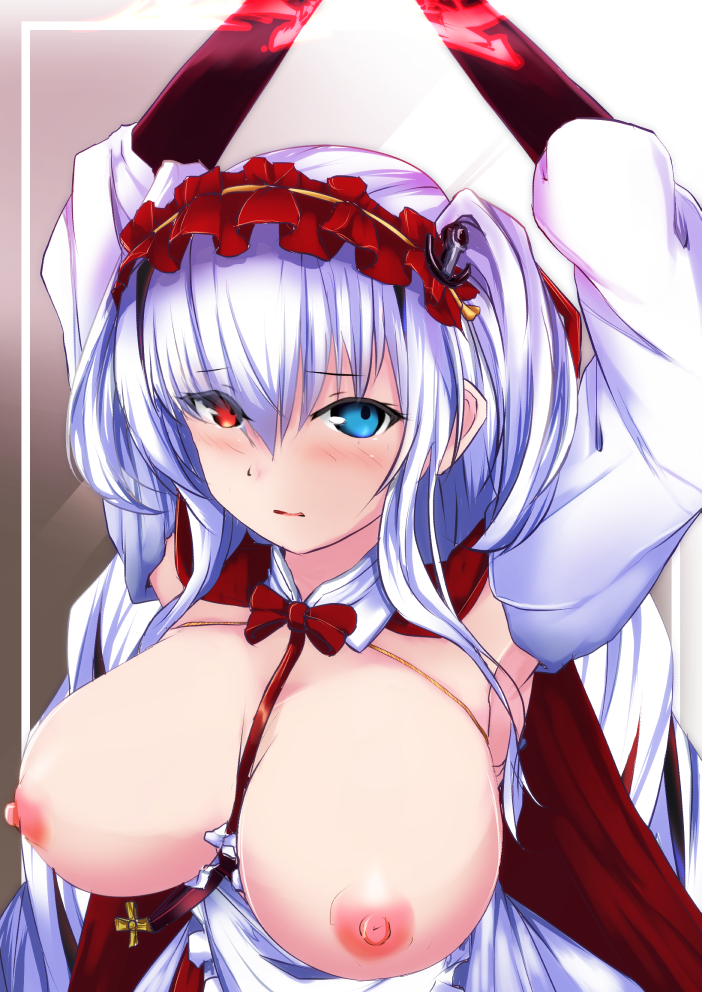 1girls alternate_costume areolae azur_lane big_breasts blue_eye breasts elbing_(azur_lane) elbing_(the_throne_of_misfortune)_(azur_lane) female female_only hairband heterochromia higezin iron_blood_(azur_lane) light-skinned_female light_skin nipples official_alternate_costume red_eye solo tagme white_hair