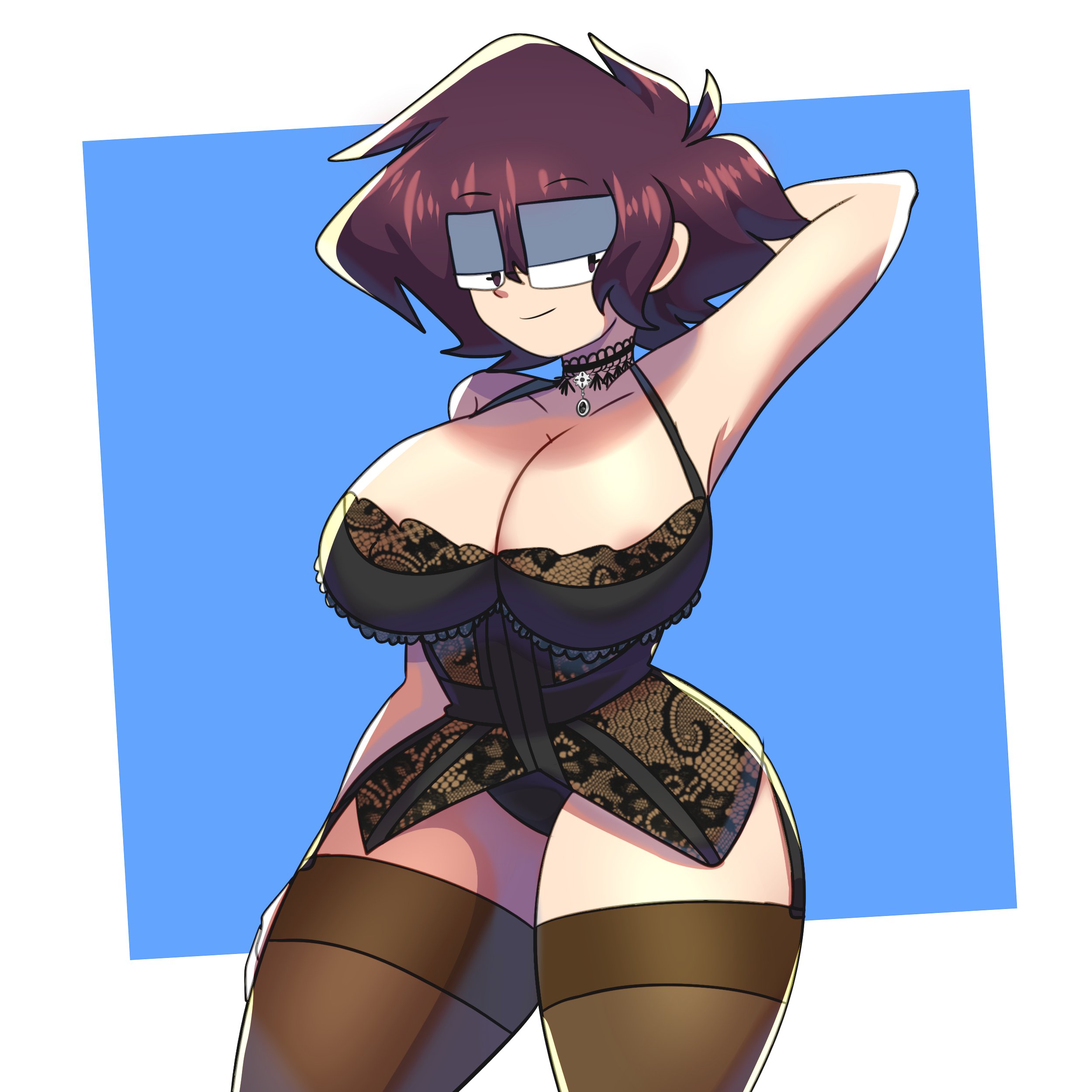 1girls, armpits, breasts, brown hair, female, glasses, lingerie, lueduar, lueduartv, lulú (lueduar), short hair, solo, tagme
