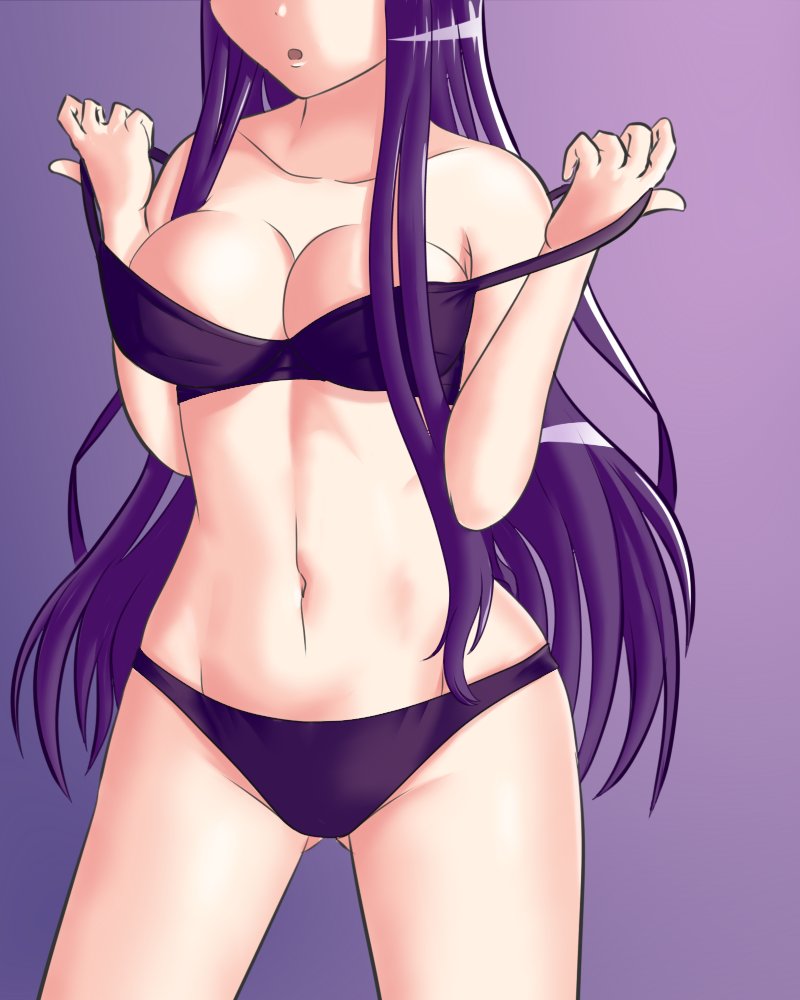 ass visible through thighs, bra, breasts, doki doki literature club, female, female focus, female only, long hair, long-haired female, moca 1atte, panties, purple bra, purple hair, purple panties, undressing, yuri (doki doki literature club)
