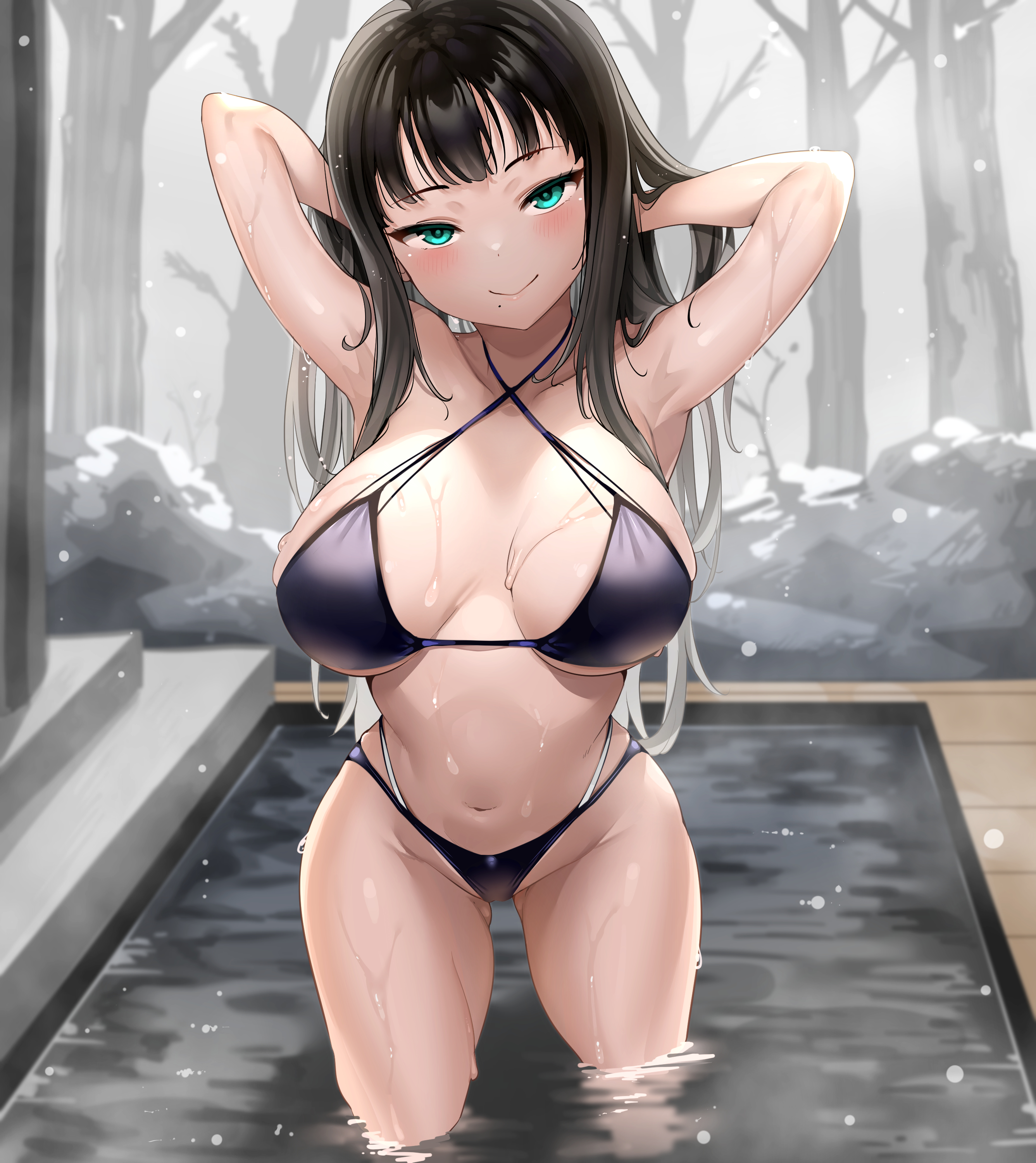 arms behind head, bikini, blue eyes, eye contact, hi res, high resolution, highres, hime cut, kurosawa dia, large filesize, leaning forward, looking at viewer, love live!, love live! sunshine!!, mole, mole under mouth, multi-strapped bikini, partially submerged, sidelocks, tem10