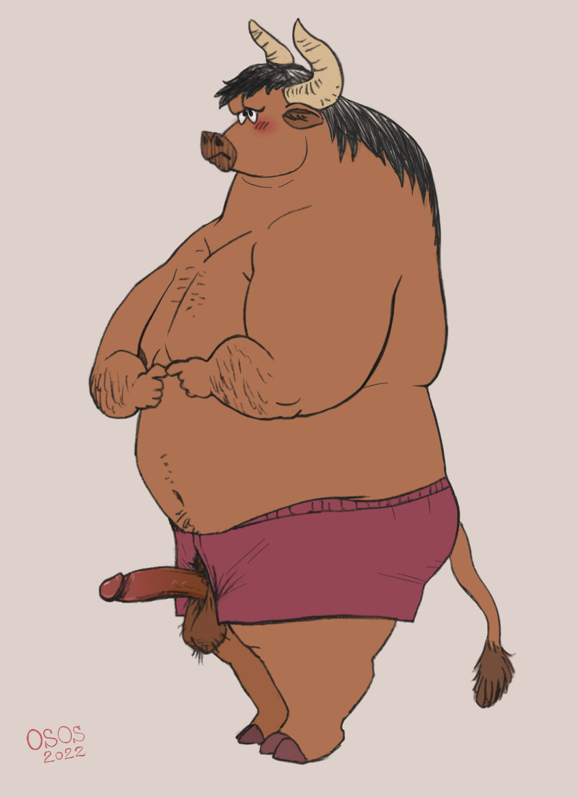 2022 anthro balls belly big_belly blush bovid bovine brown_body cattle clothing erection genitals humanoid_genitalia humanoid_hands humanoid_penis male mammal osos overweight overweight_male penis simple_background solo underwear