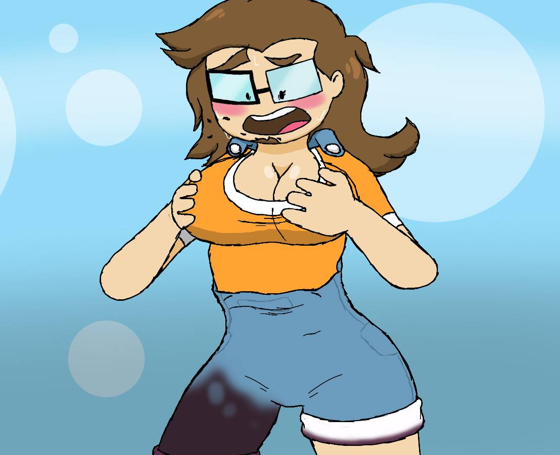 blush breast_grab breasts brown_hair female female_focus female_only gender_transformation genderswap glasses jackson-tfs mid_transformation mtf_transformation overalls rule_63 saberspark sabiespark simple_background transformation youtube