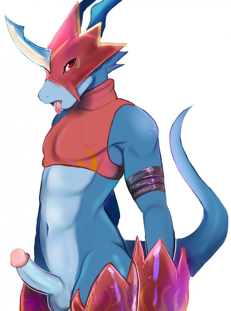 1boy abs anthro armor asikku balls bandai_namco belt blue_body bottomless clothed clothing digimon digimon_(species) erection flamedramon genitals headgear helmet hi_res male male_only navel penis red_eyes small_waist solo tongue tongue_out