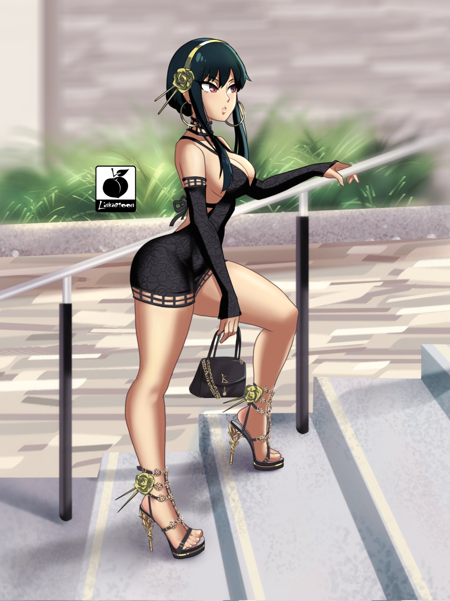 1girls, assassin, black hair, curvy, curvy figure, dress, earrings, female, female only, hair ornament, handbag, high heels, linkartoon, microdress, open toe shoes, outdoors, outside, purse, red eyes, shoes, short dress, solo, spy x family, stairs, stiletto heels, thick, thick thighs, thighs, thorn princess, very high heels, voluptuous, yor briar, yor forger