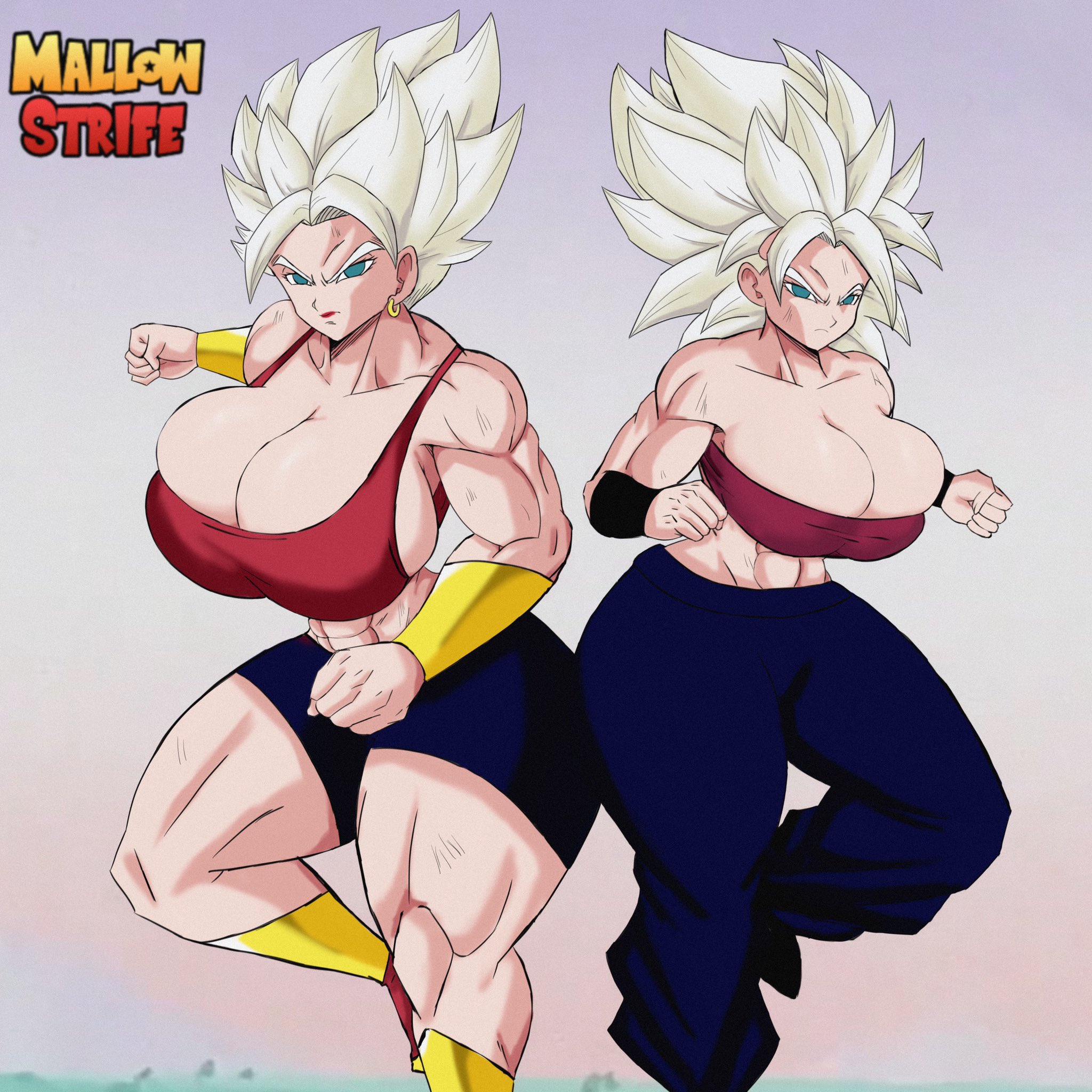 2girls, abs, big breasts, breasts, caulifla, cleavage, dragon ball, dragon ball super, female, female only, huge breasts, kale, large breasts, mallow strife, multiple females, multiple girls, muscular, muscular female, saiyan, shounen jump, super saiyan, thick thighs