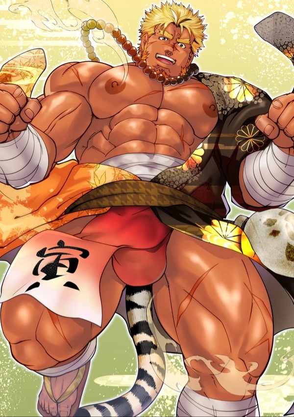 1male abs bara bead_necklace biceps big_brother bodybuilder broad_shoulders bulge daddy dilf feet fists fundoshi happy jumping kimono male_focus male_only manly masateruteru masculine mature_male mouth_open muscles muscular muscular_male nipples open_legs pecs red_underwear sarashi shiny_skin smile smiling smooth_penis terujirou terujirou_(masateruteru) thick_legs thick_thighs tiger_tail uncle veiny_arms year_of_the_tiger zaddy