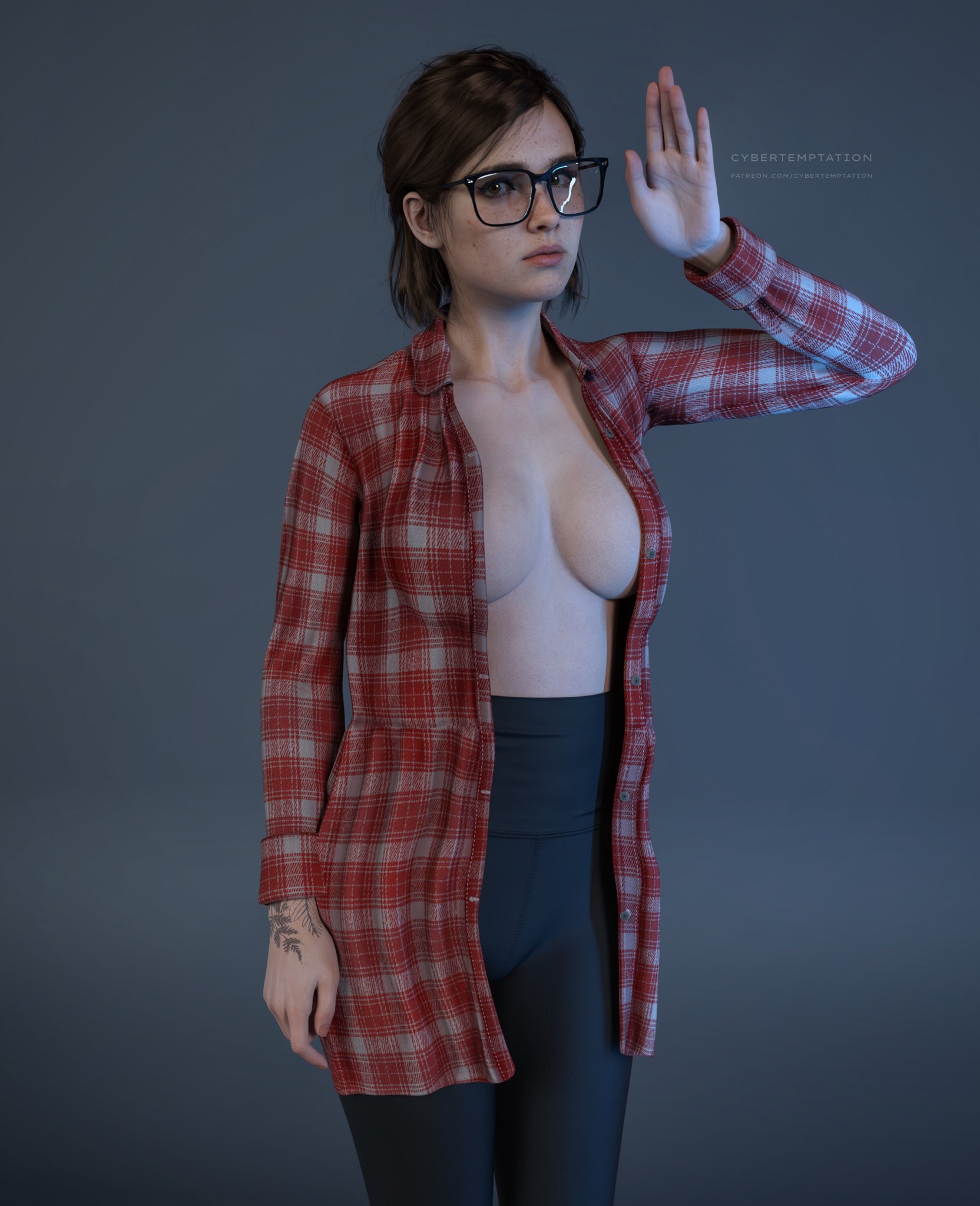 1girls, 3d, breasts, brown hair, busty, cleavage, clothing, cybertemptation, ellie (the last of us), ellie williams, eyewear, female, female focus, female only, freckles, glasses, hourglass figure, human, inner sideboob, looking at viewer, medium breasts, naughty dog, open shirt, outerwear, pale skin, plaid shirt, solo, standing, tagme, tattoo, the last of us, the last of us 2, wide hips