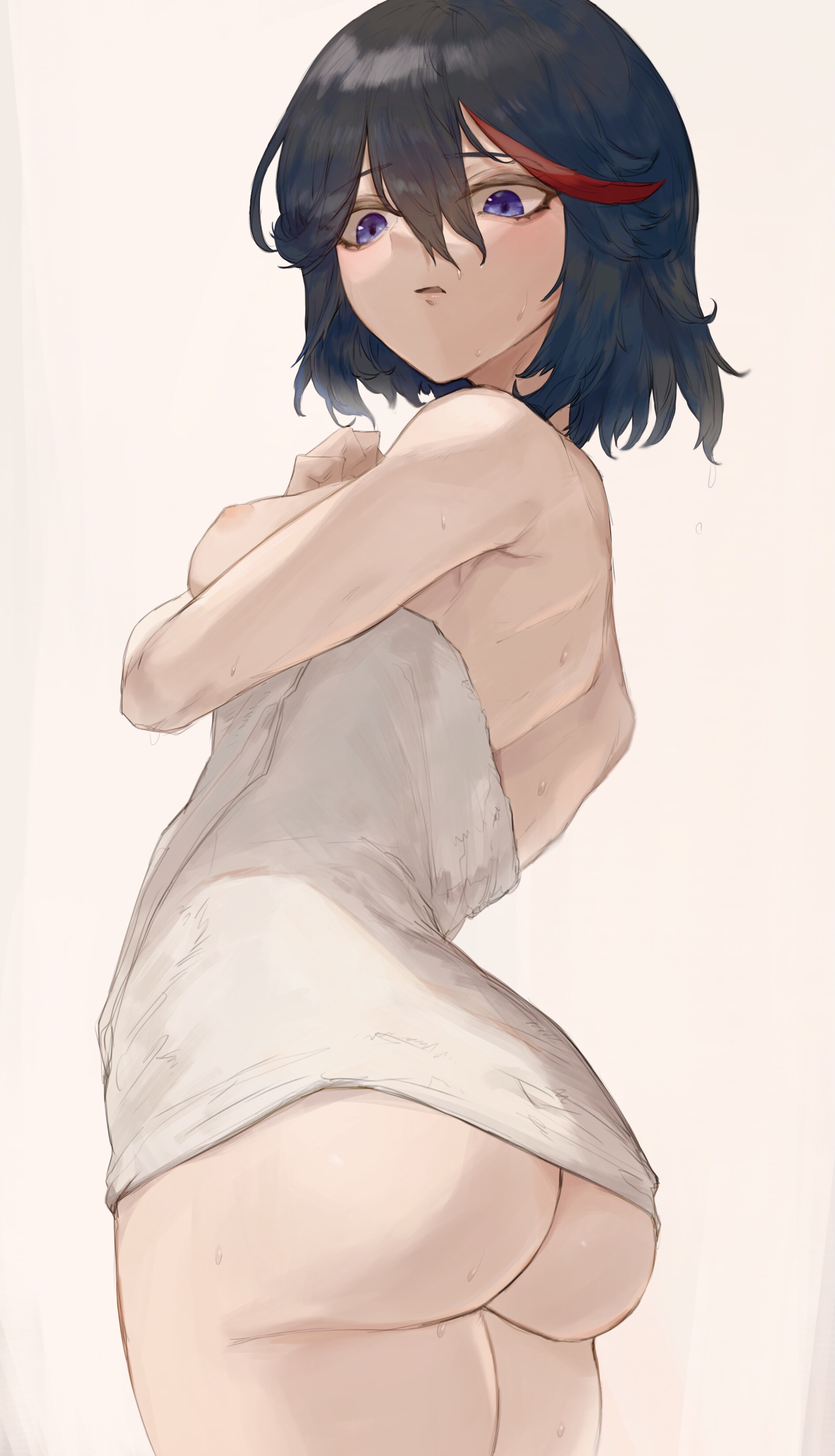 1girls, 2022, areolae, ass, ass focus, black hair, black-haired female, blue eyes, breasts, female, female only, hips, kataku musou, kill la kill, large ass, matoi ryuuko, medium breasts, nipples, red highlights, short hair, simple background, slim waist, thighs, towel, towel only