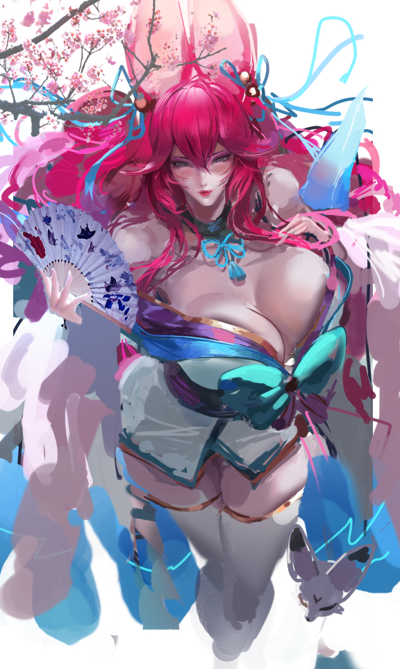 ahri, alternate costume, alternate hair color, alternate hairstyle, animal ear fluff, animal ears, animal girl, bangs, bell, big breasts, blue eyes, breasts, busty, child bearing hips, choker, cleavage, clothing, curves, curvy, curvy body, curvy female, curvy figure, curvy hips, eyelashes, eyeliner, eyeshadow, facial markings, female, fluffy, fluffy ears, fluffy tail, fluffy tails, fox, fox ears, fox girl, fox tail, furry tail, hair ornament, hair ribbon, hips, hourglass figure, huge breasts, humanoid, inner ear fluff, japanese clothes, kemonomimi, kimono, kitsune, large breasts, league of legends, light skin, light-skinned female, lips, lipstick, long hair, multi tail, nature, nine tailed fox, pale skin, pale-skinned female, pink hair, riot games, robe, sjl, spirit blossom ahri, spirit blossom series, tail, thick thighs, thighs, vastaya, video games, voluptuous, wide hips