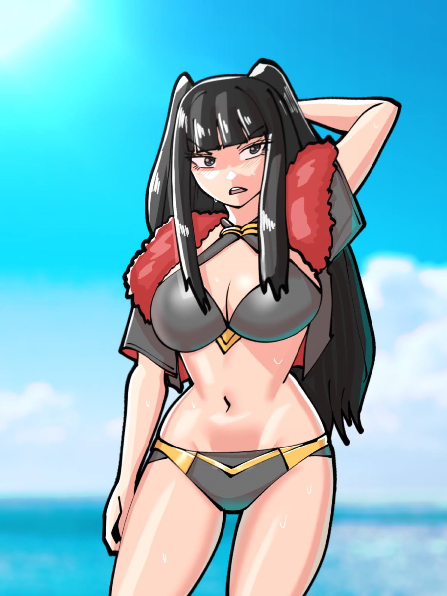 1girls alternate_costume arm_up bare_midriff bikini black_bikini black_hair blush breasts cleavage cosplay female female_only fire_emblem fire_emblem_awakening grey_bikini grey_swimsuit highres hime_cut jacket laevatein_(fire_emblem) laevatein_(fire_emblem)_(cosplay) large_breasts long_hair midriff mnejing nintendo swimsuit tharja_(fire_emblem) thin_waist twintails wet