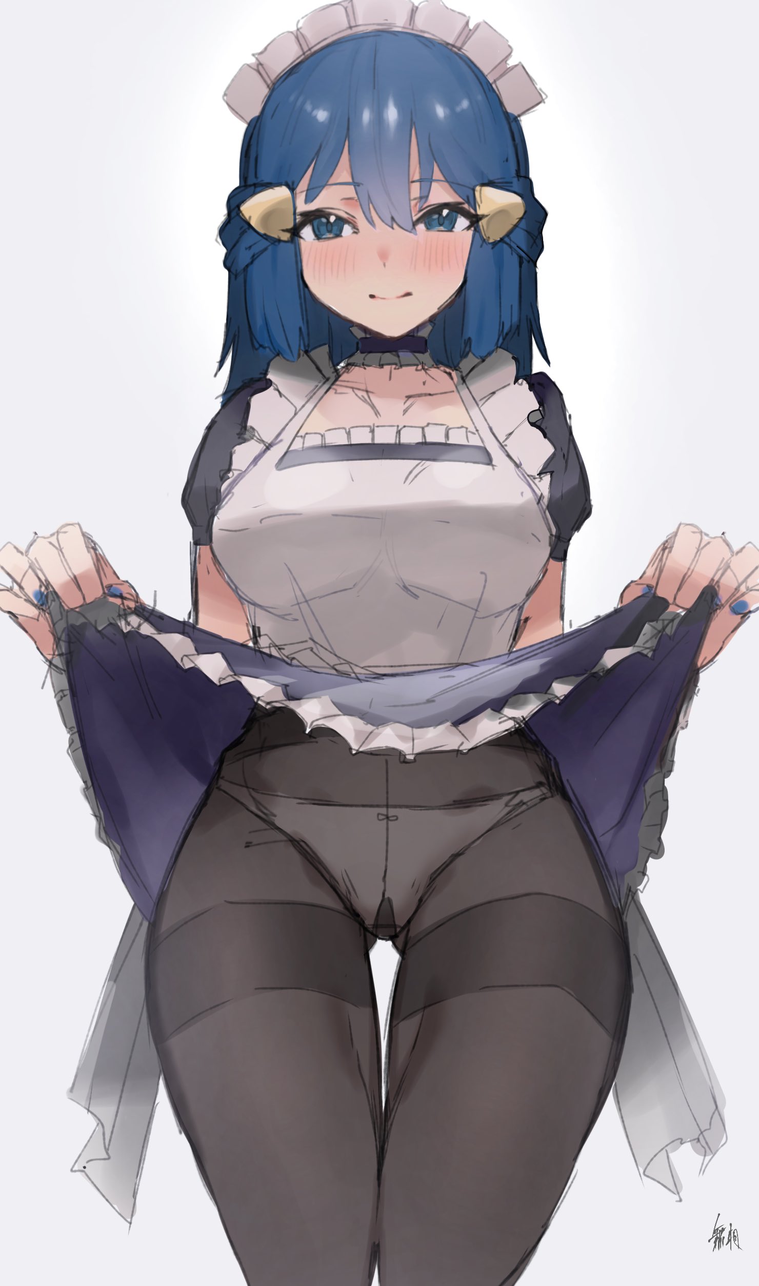 1girls, absurd res, blue eyes, blue hair, blue nails, blush, choker, dawn (pokemon), dress lift, female, female only, hi res, kataku musou, looking at viewer, maid, maid uniform, nail polish, nintendo, panties, panties under pantyhose, pantyhose, pantyshot, pokemon, pokemon dppt, sketch, solo, underwear, upskirt
