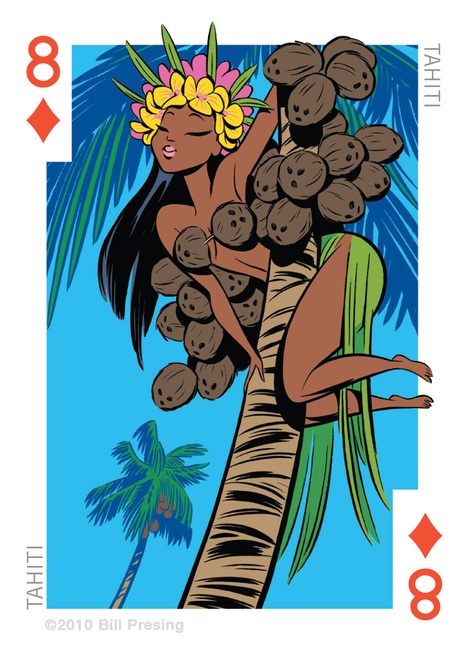 54_international_cuties bill_presing blending climbing_tree coconut coconut_bra coconut_tree dark-skinned_female dark_skin flower_crown flower_in_hair hula_girl leaf_skirt national_personification on_tree pacific_islander palm_tree pinup playing_card polynesian tahiti tree_climbing