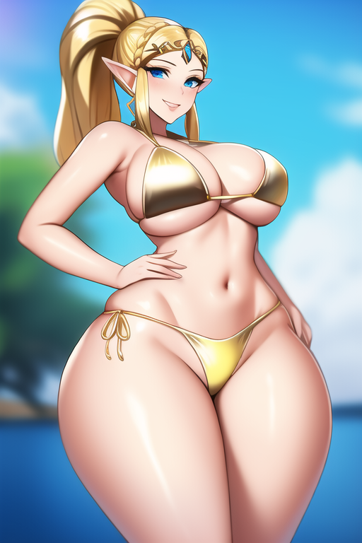 ai_generated beach bikini blonde_hair blue_eyes curvy curvy_figure gold_bikini hand_on_waist huge_ass huge_hips looking_at_viewer nai_diffusion ponytail princess_zelda seductive_smile shiny_bikini shiny_clothes shiny_hair shiny_skin shiny_thighs stable_diffusion the_legend_of_zelda thick_thighs thunder_thighs tight_clothing voluptuous wide_hips