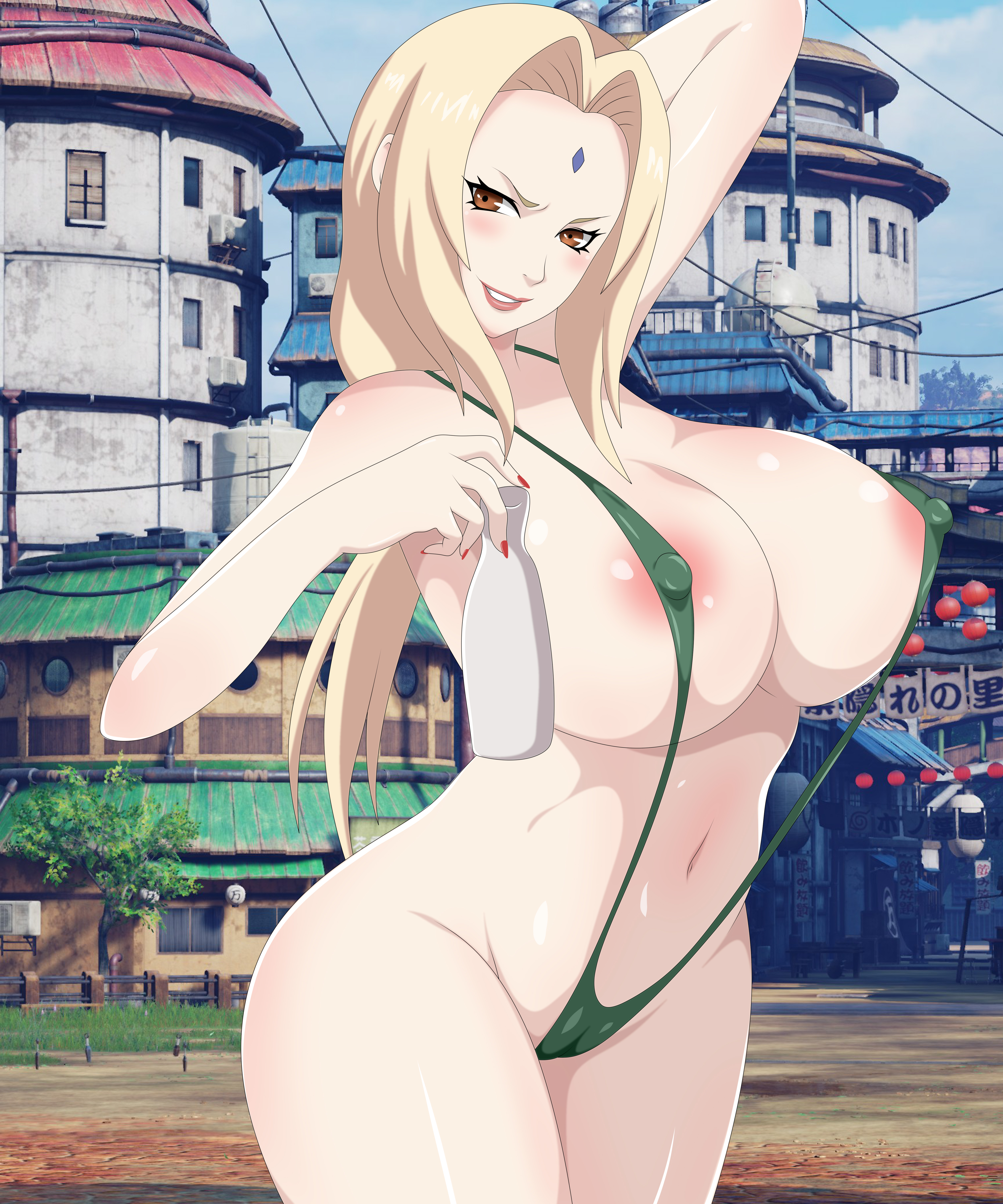 1girls, adapted costume, almost naked, arm behind head, arm up, big breasts, blush, breasts, chrisfv, cleavage, curvaceous, curvy, curvy body, curvy female, curvy figure, erect nipples, erect nipples under swimsuit, facial mark, female, female only, forehead mark, holding object, hourglass figure, huge breasts, impossible clothes, impossible swimsuit, looking at viewer, mostly nude, naruto, naruto (series), naruto shippuden, nipples, outdoors, revealing swimsuit, sake, sake bottle, skimpy, skimpy bikini, sling bikini, slingshot swimsuit, smile, solo, solo focus, tied hair, tsunade, twintails, voluptuous, wide hips