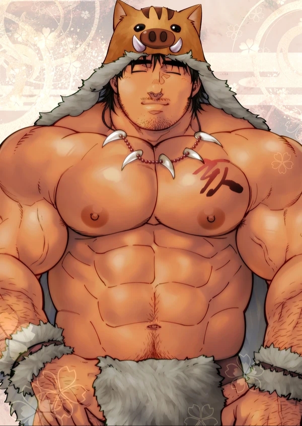 1boy 1male abs animal_hood bara beard biceps big_brother boar bodybuilder broad_shoulders daddy dilf eyes_closed facial_hair fur hairy hairy_male happy_trail male_focus male_only manly masateruteru masculine mature_male muscles muscular muscular_male mustache nipples pecs pig shoulder_length_hair smile smiling terujirou terujirou_(masateruteru) thick_eyebrows tooth_necklace uncle year_of_the_pig zaddy