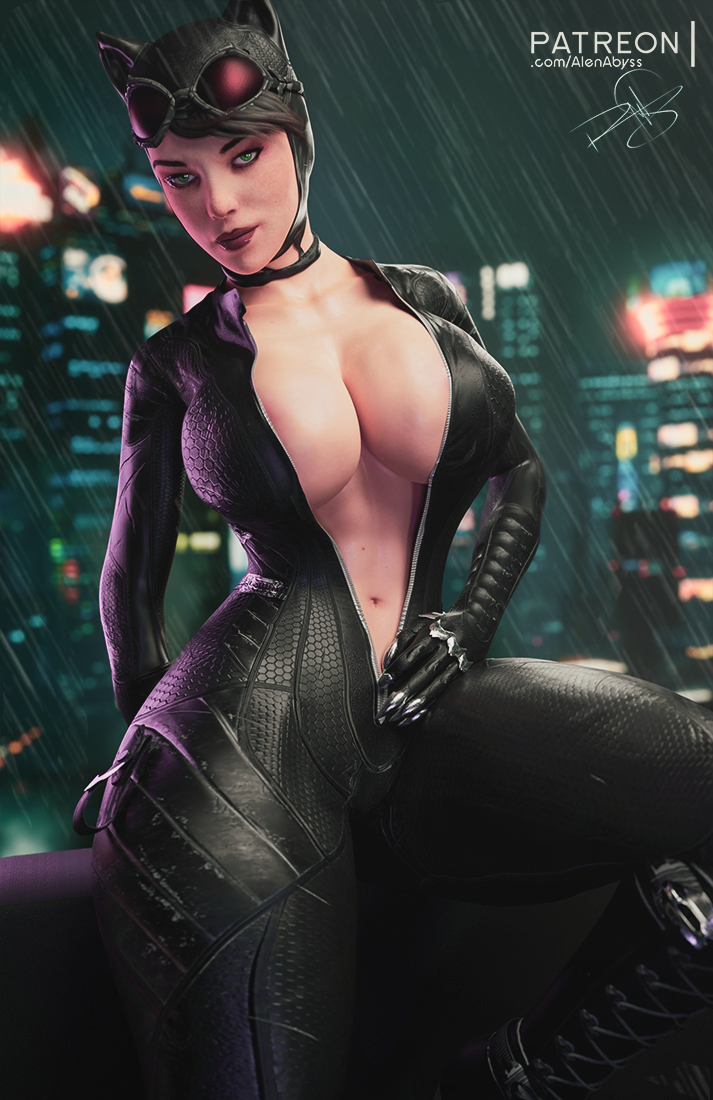 1girls 3d alenabyss batman:_arkham_knight batman_(series) bodysuit breasts catwoman catwoman_(arkham) catwoman_(arkham_knight) cleavage dc dc_comics female female_only green_eyes large_breasts looking_at_viewer rain selina_kyle skin_tight solo thick_thighs unzipped_bodysuit wide_hips