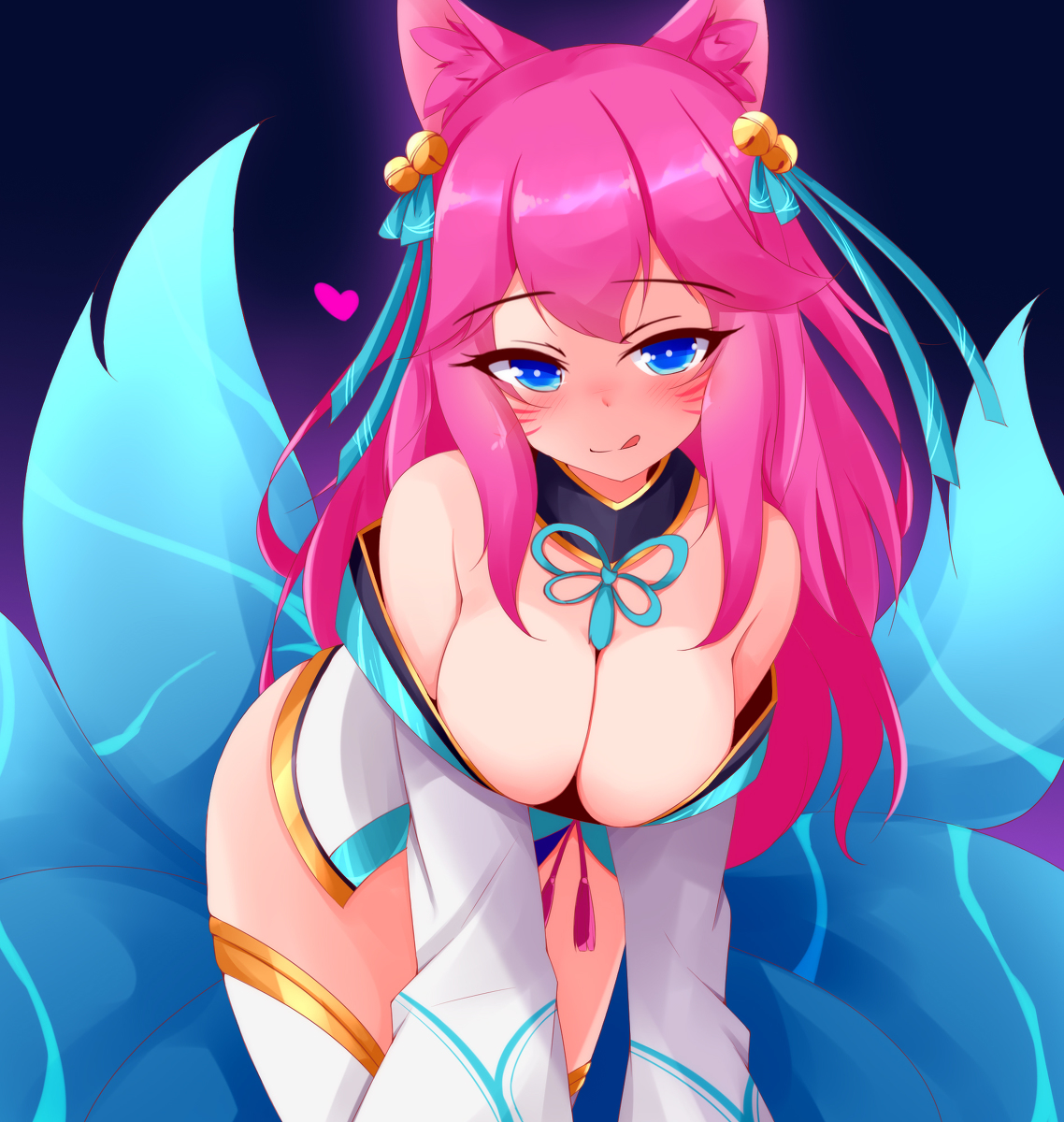 1girls, ahri, alternate costume, alternate hair color, alternate hairstyle, animal ear fluff, animal ears, animal girl, ayatori, bangs, bell, big breasts, blue eyes, blush, breasts, busty, choker, cleavage, clothing, eyelashes, eyeliner, eyeshadow, facial markings, female, fluffy, fluffy ears, fluffy tail, fluffy tails, fox, fox ears, fox girl, fox tail, furry tail, hair ornament, hair ribbon, humanoid, inner ear fluff, japanese clothes, kemonomimi, kimono, kitsune, large breasts, league of legends, light skin, light-skinned female, long hair, male, male/female, multi tail, naughty face, nine tailed fox, pale skin, pale-skinned female, pink hair, riot games, robe, seduction, seductive, seductive eyes, seductive look, seductive smile, spirit blossom ahri, spirit blossom series, tail, tease, teasing, vastaya, video games