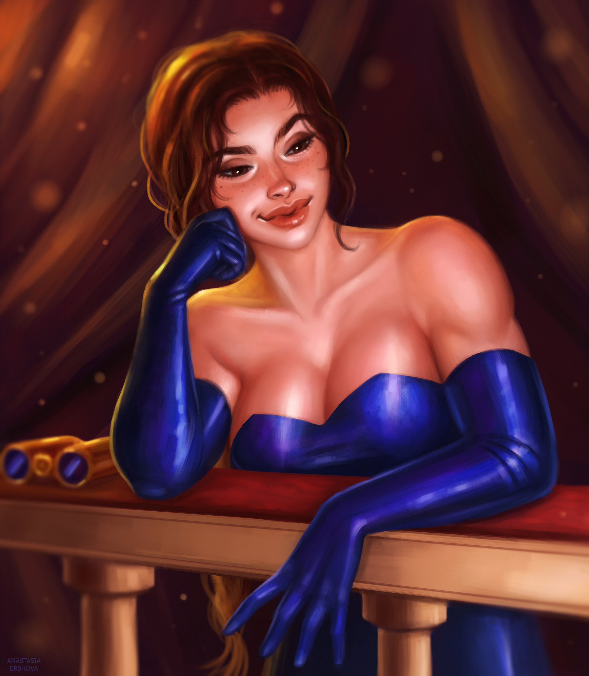 1girls, anastasia ershova, blue dress, blue gloves, breasts, cleavage, clothed, collar, dress, elbow gloves, female, formal, lara croft, lara croft (classic), large breasts, lips, muscular, muscular female, solo, tomb raider, tomb raider (classic)