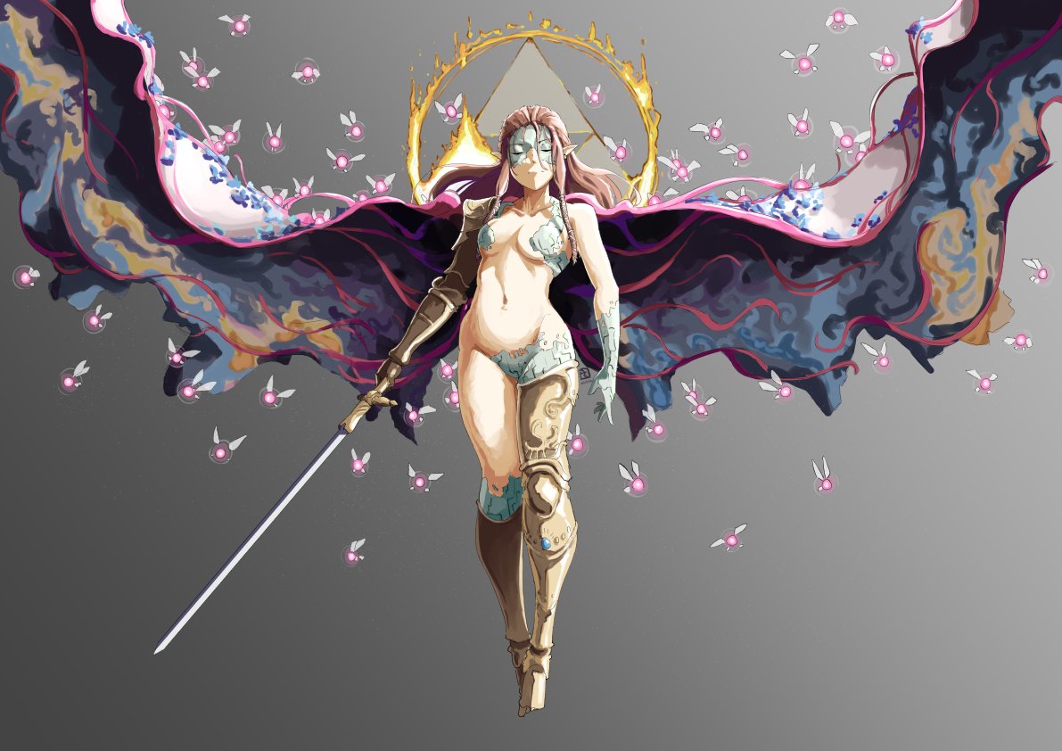 1girls, automatic giraffe, big breasts, breasts, brown hair, casual nudity, closed eyes, closed mouth, cosplay, crossover, elden ring, female, female only, fromsoftware, malenia blade of miquella, malenia blade of miquella (cosplay), malenia goddess of rot, nintendo, nude, nude female, princess zelda, prosthetic, prosthetic limb, solo, solo female, sword, tasteful nudity, the legend of zelda, twilight princess, wings, zelda (twilight princess)