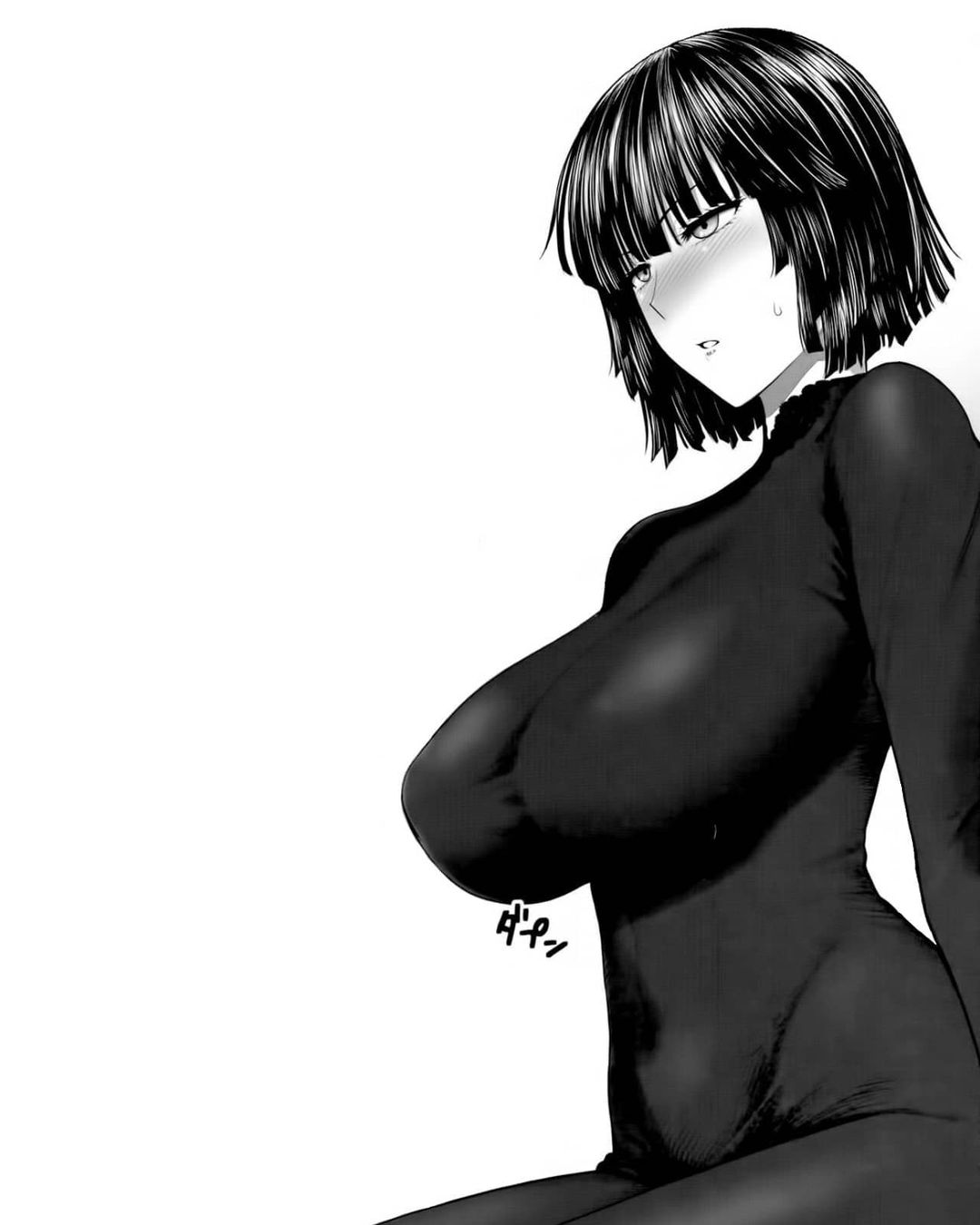 1girls, artist request, belly, belly button, big breasts, black hair, blush, breasts, curvy, curvy female, curvy figure, cute, female, female only, flustered, fubuki (one-punch man), greyscale, hips, kneeling, large breasts, lips, lipstick, medium hair, midriff, nipple bulge, on knees, one-punch man, seductive, seductive eyes, seductive look, seductive mouth, short hair, solo, stomach, sweat, thick, thick thighs, thighs, tight clothing, voluptuous, waist, white background, wide hips