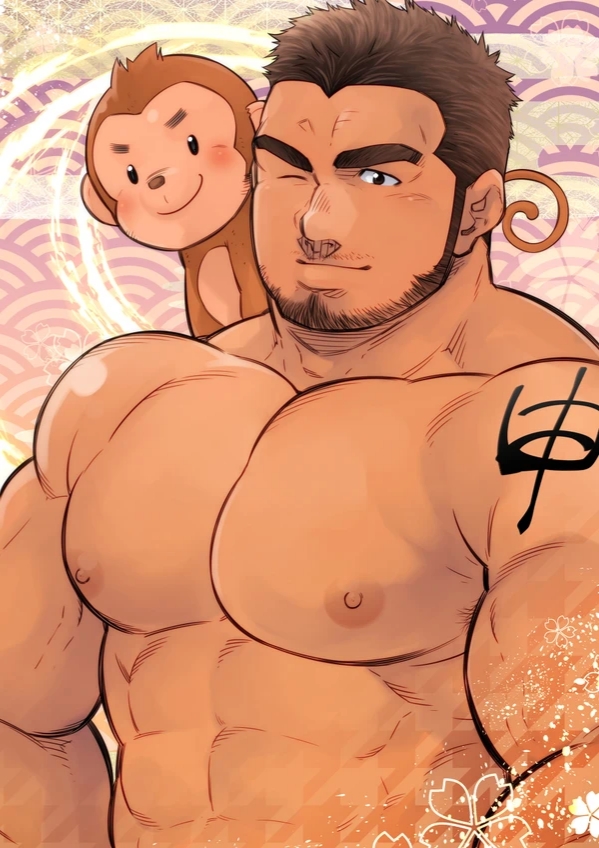 1male abs bara beard biceps big_brother bodybuilder broad_shoulders daddy dilf facial_hair looking_at_viewer male_focus male_only manly masateruteru masculine mature_male monkey muscles muscular muscular_male nipples pecs terujirou terujirou_(masateruteru) thick_eyebrows uncle wink winking winking_at_viewer year_of_the_monkey zaddy