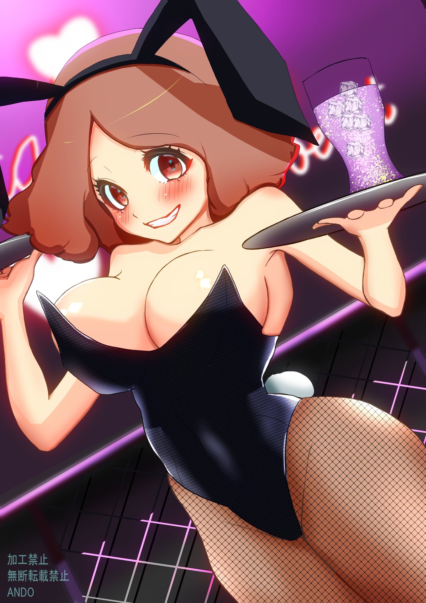 1girls, atlus, big breasts, breasts, bunny ears, bunnysuit, cleavage, female, female only, fishnet legwear, fishnets, haru okumura, light skin, light-skinned female, persona, persona 5, tkeminaieeru, waiter