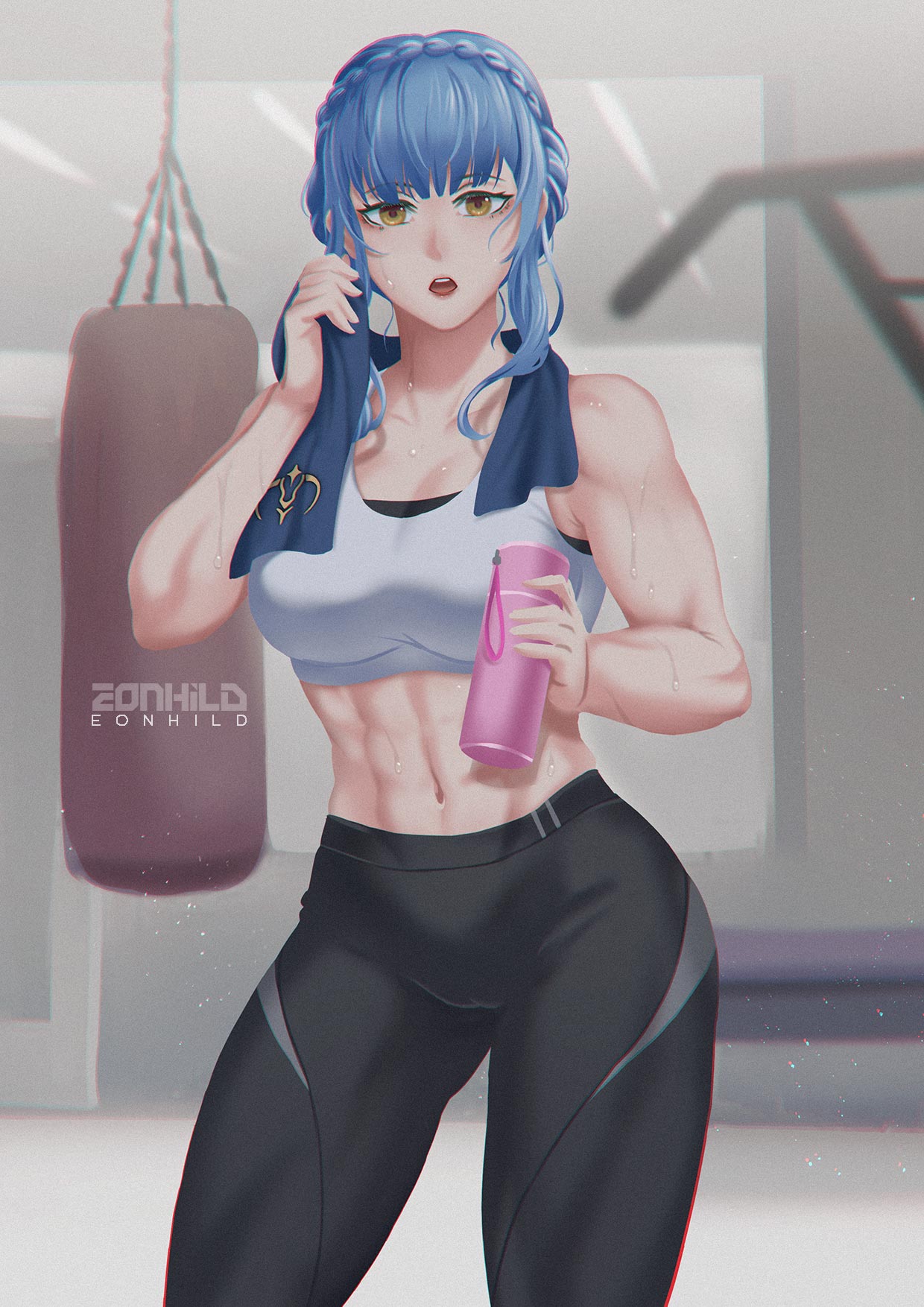 1girls, abs, alternate costume, artist name, bangs, bare midriff, blue hair, bottle, braid, breasts, brown eyes, crown braid, eonhild, female, female only, fire emblem, fire emblem: three houses, gym, highres, looking at viewer, marianne von edmund, midriff, muscular, muscular female, nintendo, open mouth, pants, punching bag, short hair, sidelocks, signature, solo, sports bra, sportswear, sweat, tank top, teeth, toned, towel, upper teeth, water bottle, workout, yoga pants