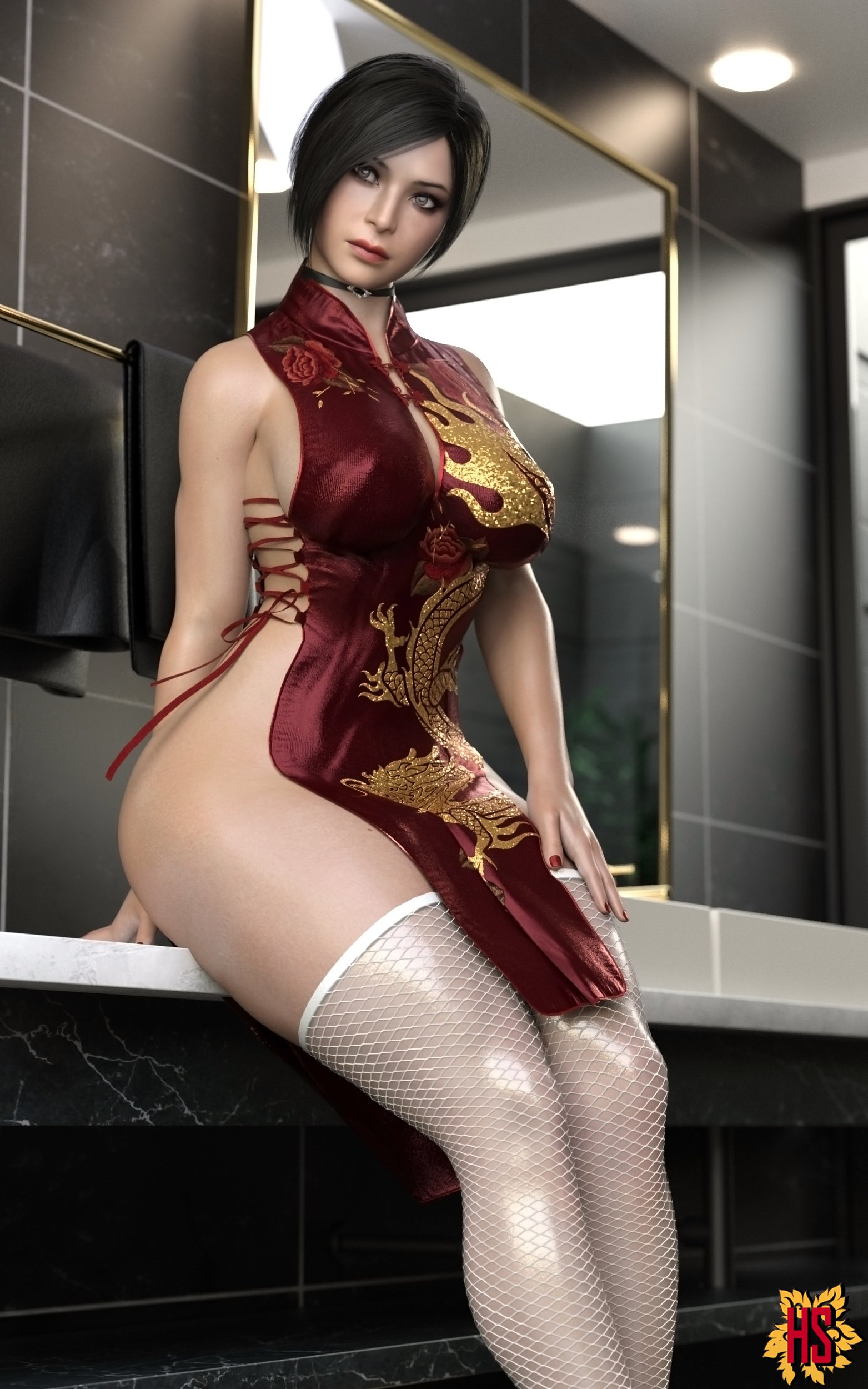 1girls, 3d, absurd res, ada wong, ada wong (adriana), capcom, dress, female, female only, hagiwara studio, hi res, looking at viewer, resident evil, resident evil 2, resident evil 2 remake, solo, thighhighs, thighs