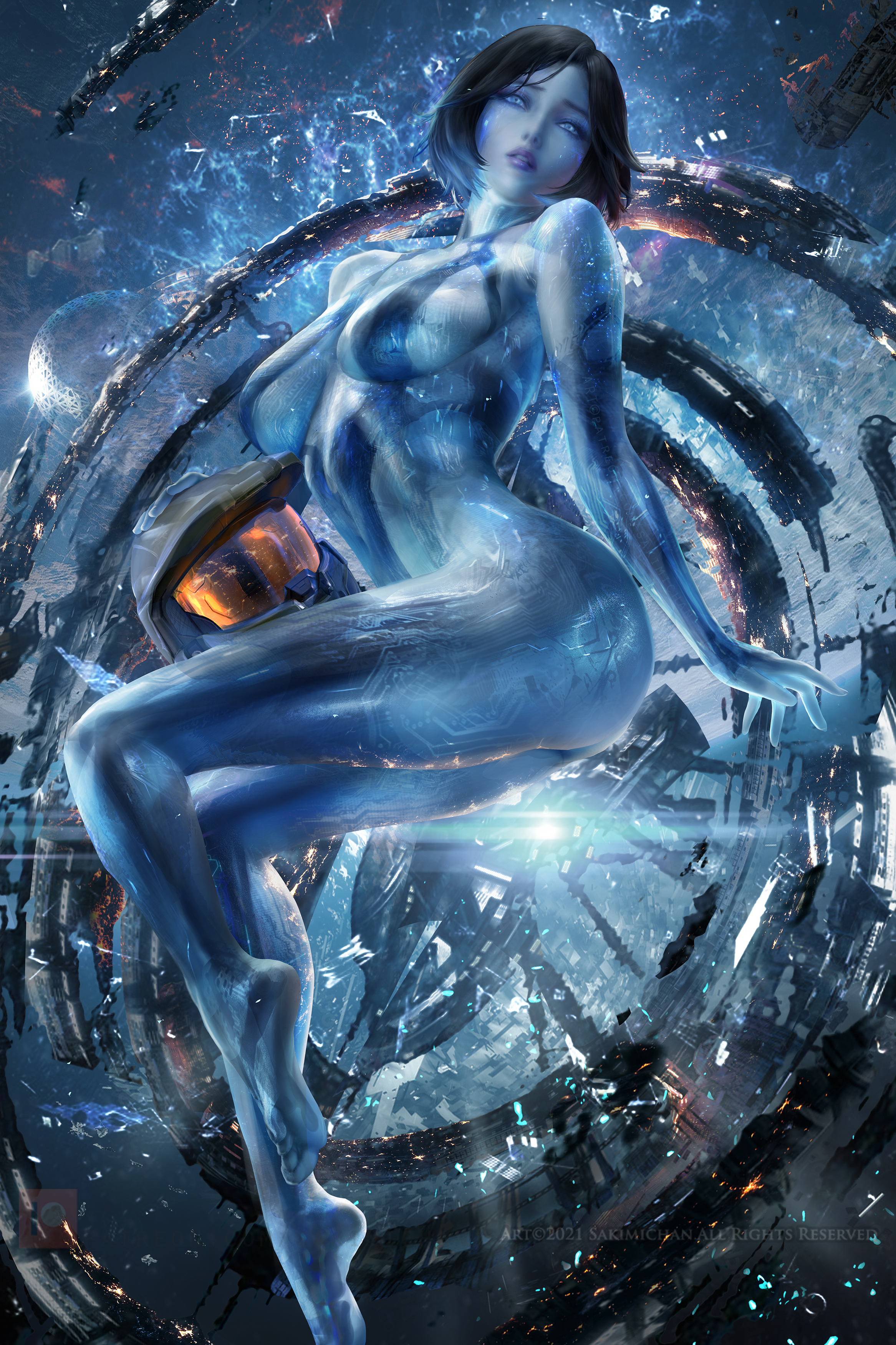 2d, artificial intelligence, blue skin, breasts, cortana, female, halo (series), hologram, sakimichan, sitting