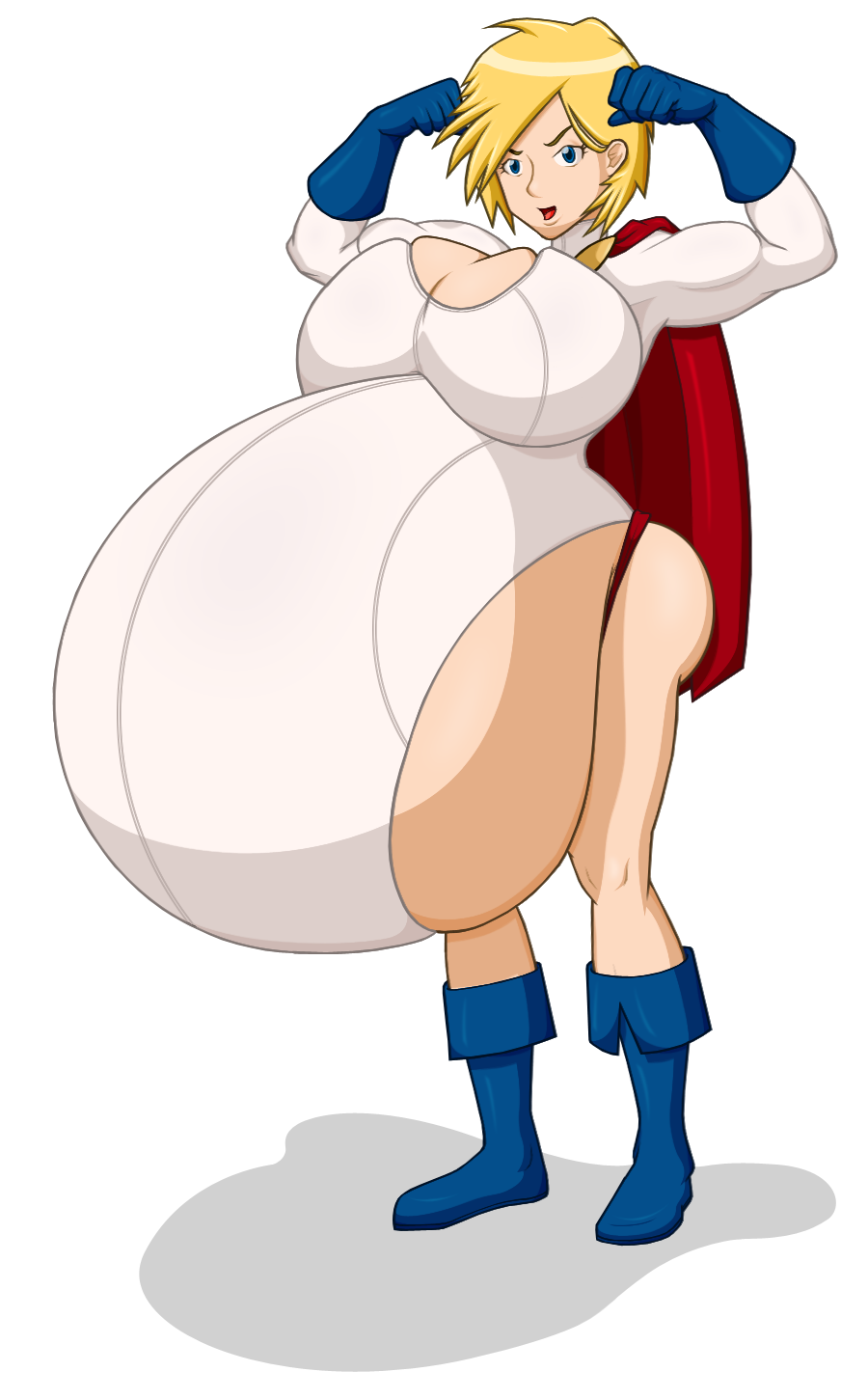 ahoge arms_up belly biceps blonde_hair blue_eyes boots breasts dc_comics female flexing gigantic_belly gloves high_resolution huge_breasts impossible_clothes justice_society_of_america karen_starr lips mr-jolted pose power_girl pregnant short_hair skin_tight smile solo superman_(series)