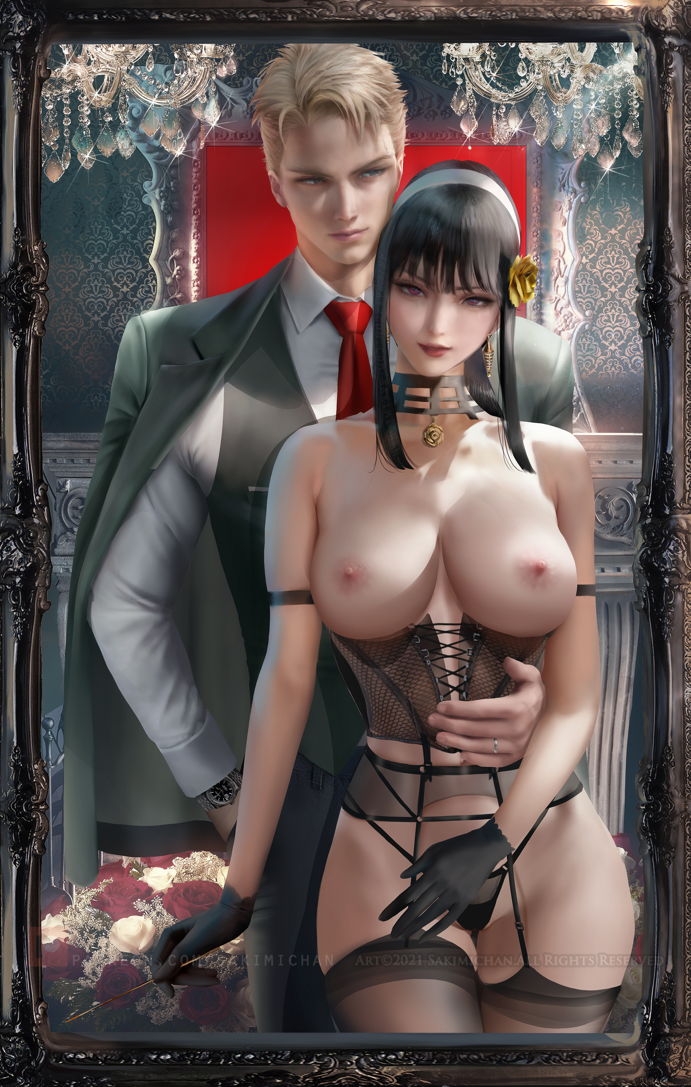 1boy, 1girls, assassin, big breasts, breasts, couple, female, human female, husband and wife, lingerie, loid forger, male, mature female, nipples, realistic, sakimichan, spy x family, stiletto (weapon), thick thighs, thorn princess, topless, variant set, yor briar, yor forger
