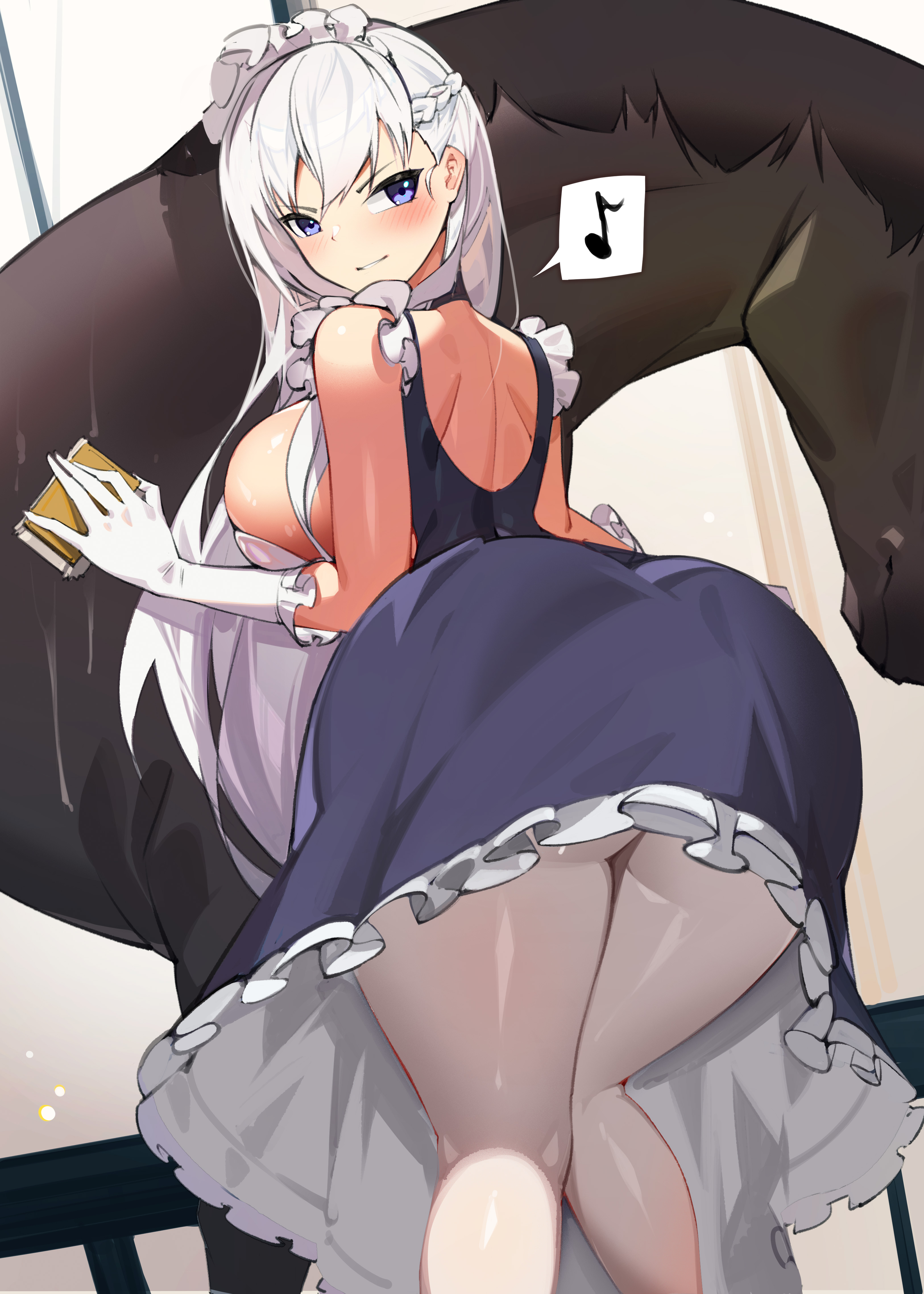 1animal, 1girls, 2022, absurd res, ass, ass focus, ass shot, azur lane, back, back view, belfast (azur lane), blue eyes, blush, breasts, bubble ass, bubble butt, clothed, clothed female, female, hips, holding object, horse, huge ass, huge breasts, long hair, looking at viewer, looking back, looking over shoulder, maid, maid headdress, maid outfit, maid uniform, powergene, powzin, slim waist, sponge, thick thighs, thighs, tights, white hair, wide hips