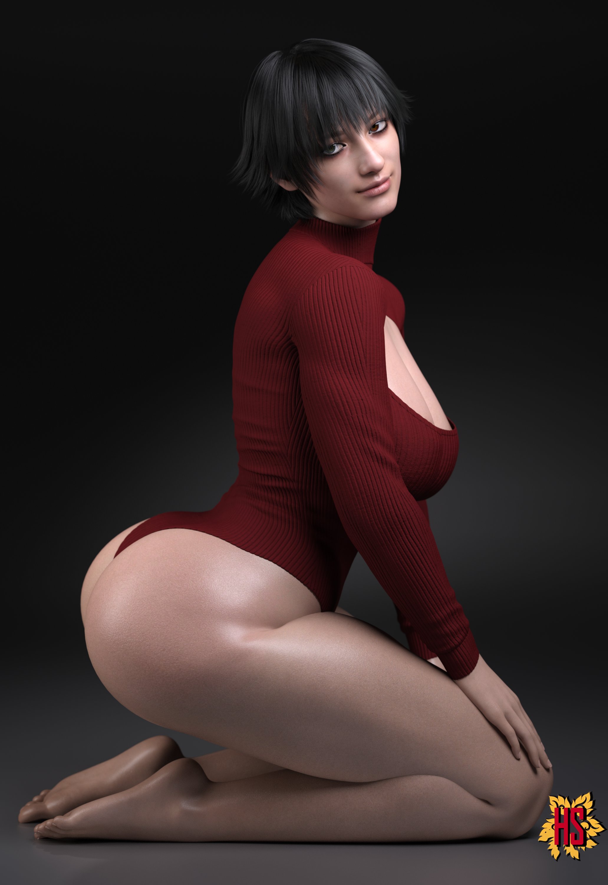 1girls, 3d, ass, big ass, big breasts, boob window, breasts, capcom, devil may cry, devil may cry (series), devil may cry 5, female, female only, hagiwara studio, heterochromia, lady (devil may cry), side view, sitting, solo, solo female, tagme, thick thighs