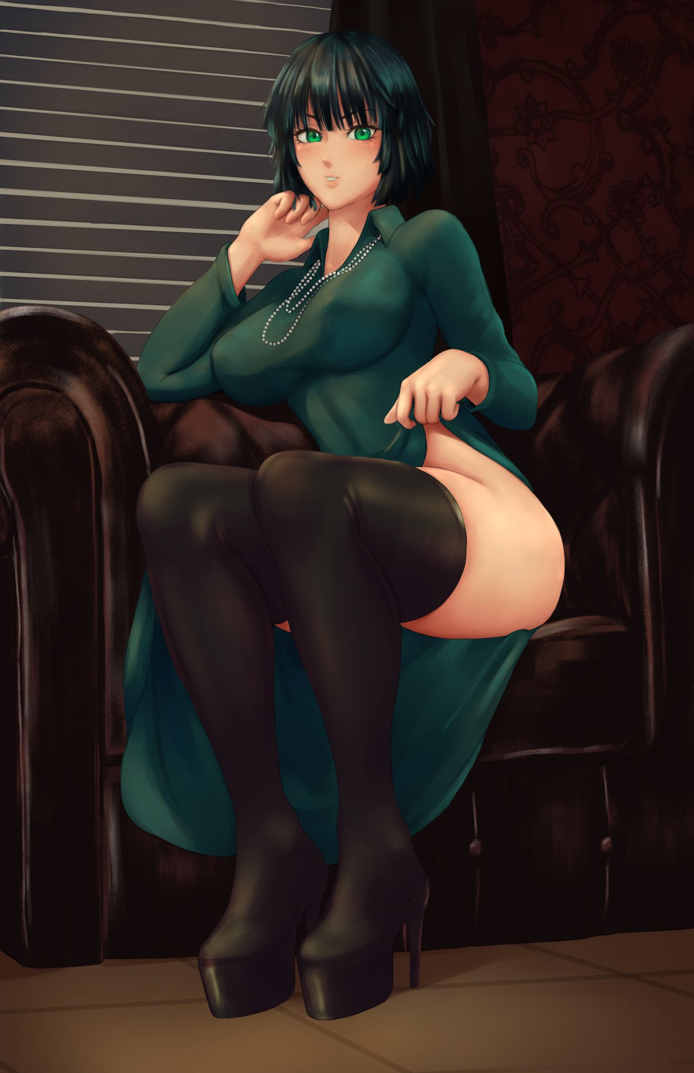 1girls, big breasts, blush, blushing, boots, breasts, clothed, clothing, couch, cute, dark green hair, dark hair, dress, eye contact, female, female focus, female only, fubuki (one-punch man), green eyes, green hair, green-haired female, high heel boots, hips, jewelry, lifting skirt, light skin, light-skinned female, lips, lipstick, looking at viewer, medium hair, one-punch man, oppaiserothicc, seductive, seductive look, short hair, sitting, smile, smiling, smiling at viewer, solo, stockings, thick legs, thick thighs, thighs, tight clothing, waist, wide hips