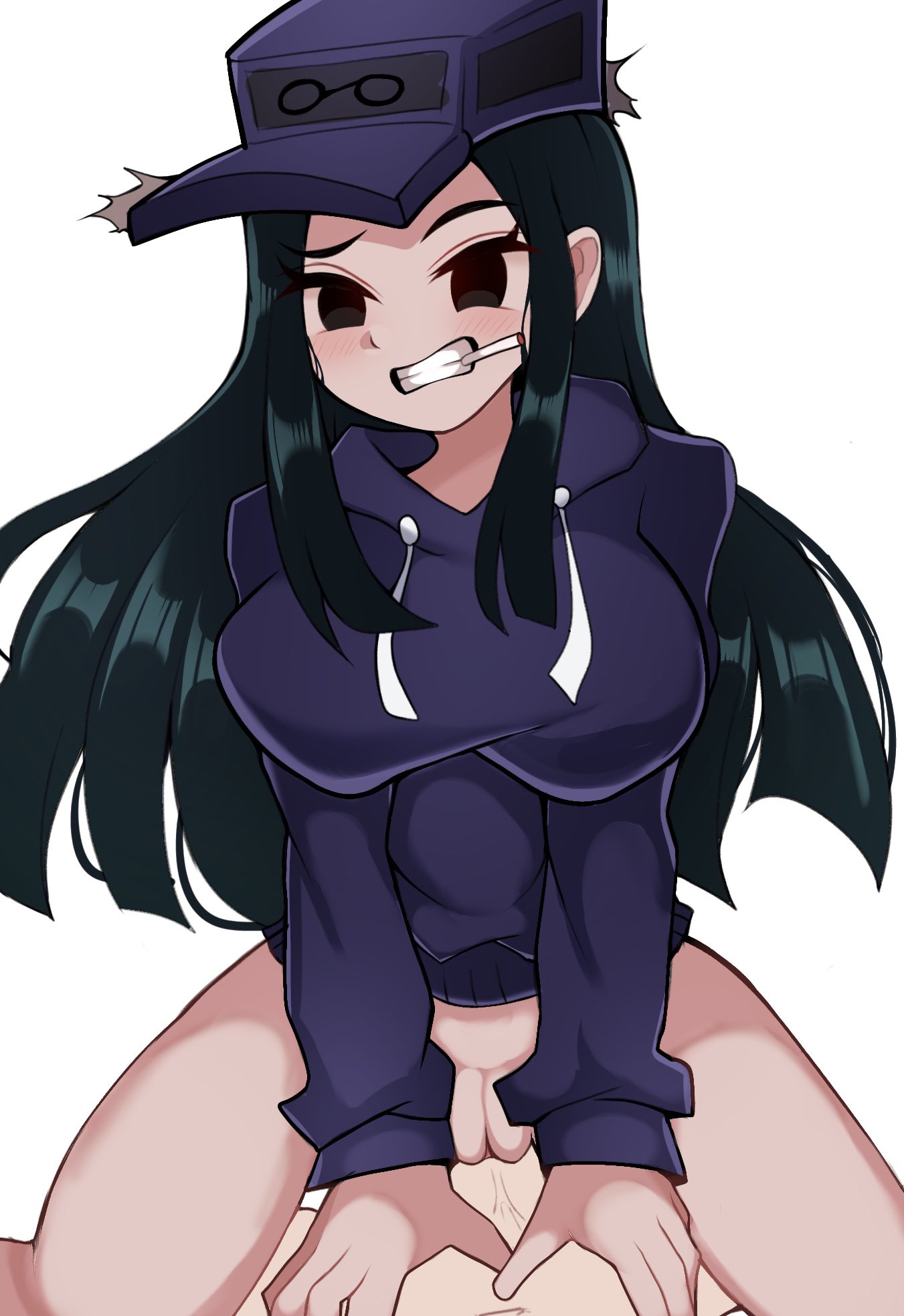 beni imo, beni imo (beniimo45450721), black eyes, black hair, cassette, cassette girl, cigarette, cigarette in mouth, dick, female, female on top, fnf x random humans (beni imo), friday night funkin, hat, male, mob face, newgrounds, no panties, penis, penis in pussy, pussy, sex, simple background, sweater, unseen male face, worried expression