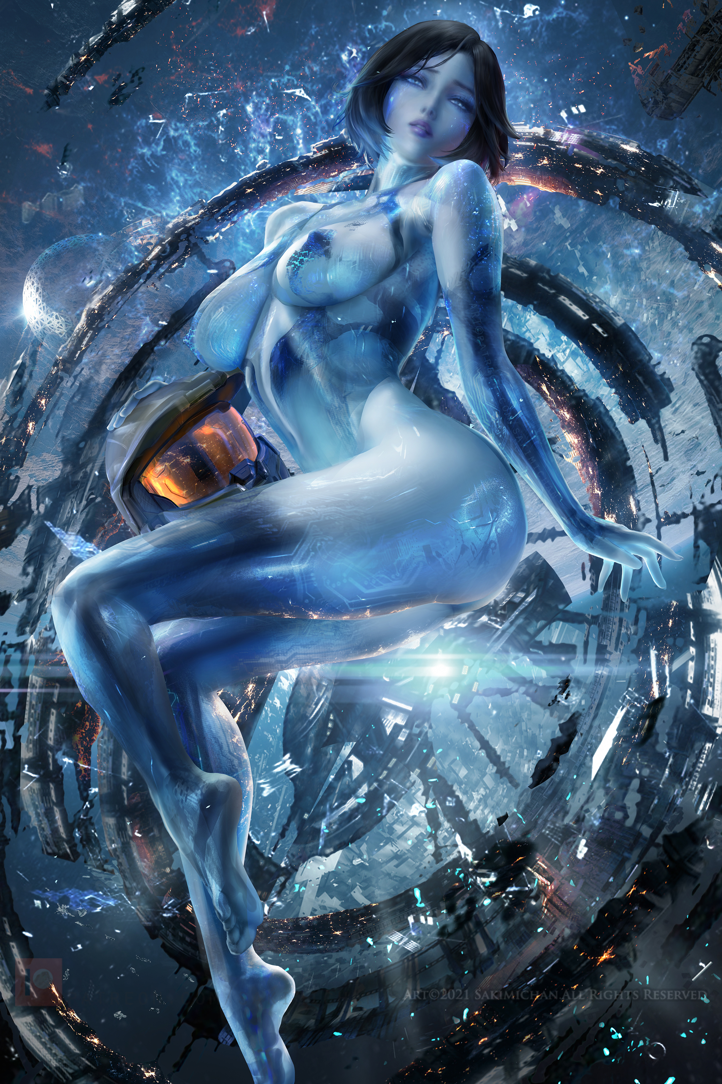 2d, artificial intelligence, blue skin, breasts, cortana, female, halo (series), hologram, nipple bulge, sakimichan, sitting
