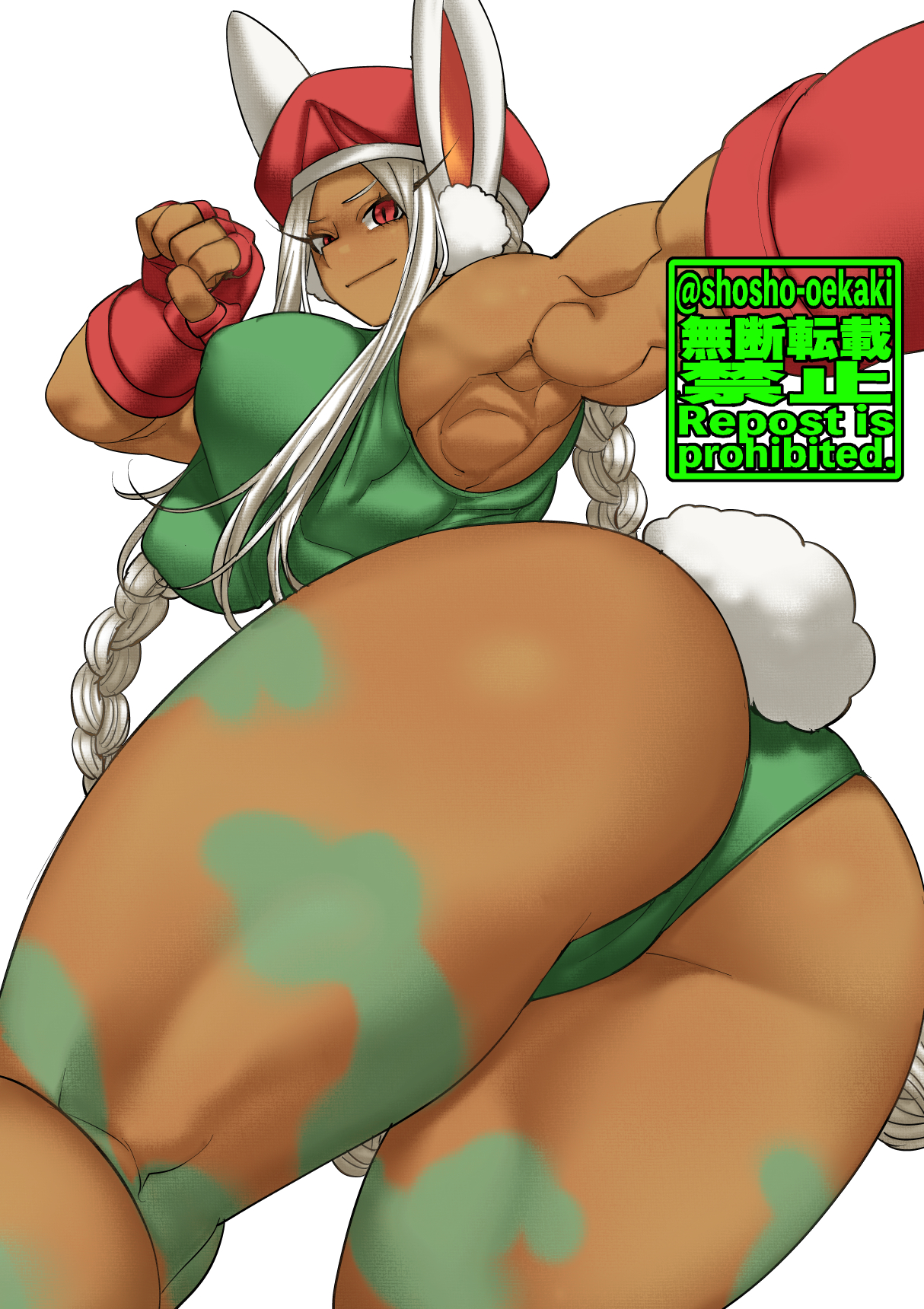 1girls, ass, beret, big ass, big breasts, breasts, bunny ears, bunny tail, cammy white (cosplay), cosplay, crossover cosplay, dark skin, dark-skinned female, female, female only, gloves, hat, leotard, long hair, miruko, my hero academia, rumi usagiyama, shosho oekaki, solo, standing, street fighter, thick thighs, thighs, twin braids, white hair