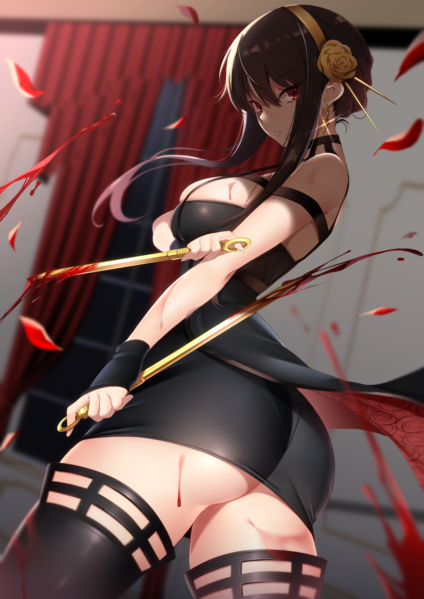 1girls, ass, assassin, big ass, big butt, black hair, blood, breasts, eye contact, female, female focus, female only, kippuru, long hair, looking at viewer, red eyes, solo, spy x family, stiletto (weapon), thick thighs, thighhighs, thighs, thorn princess, yor briar