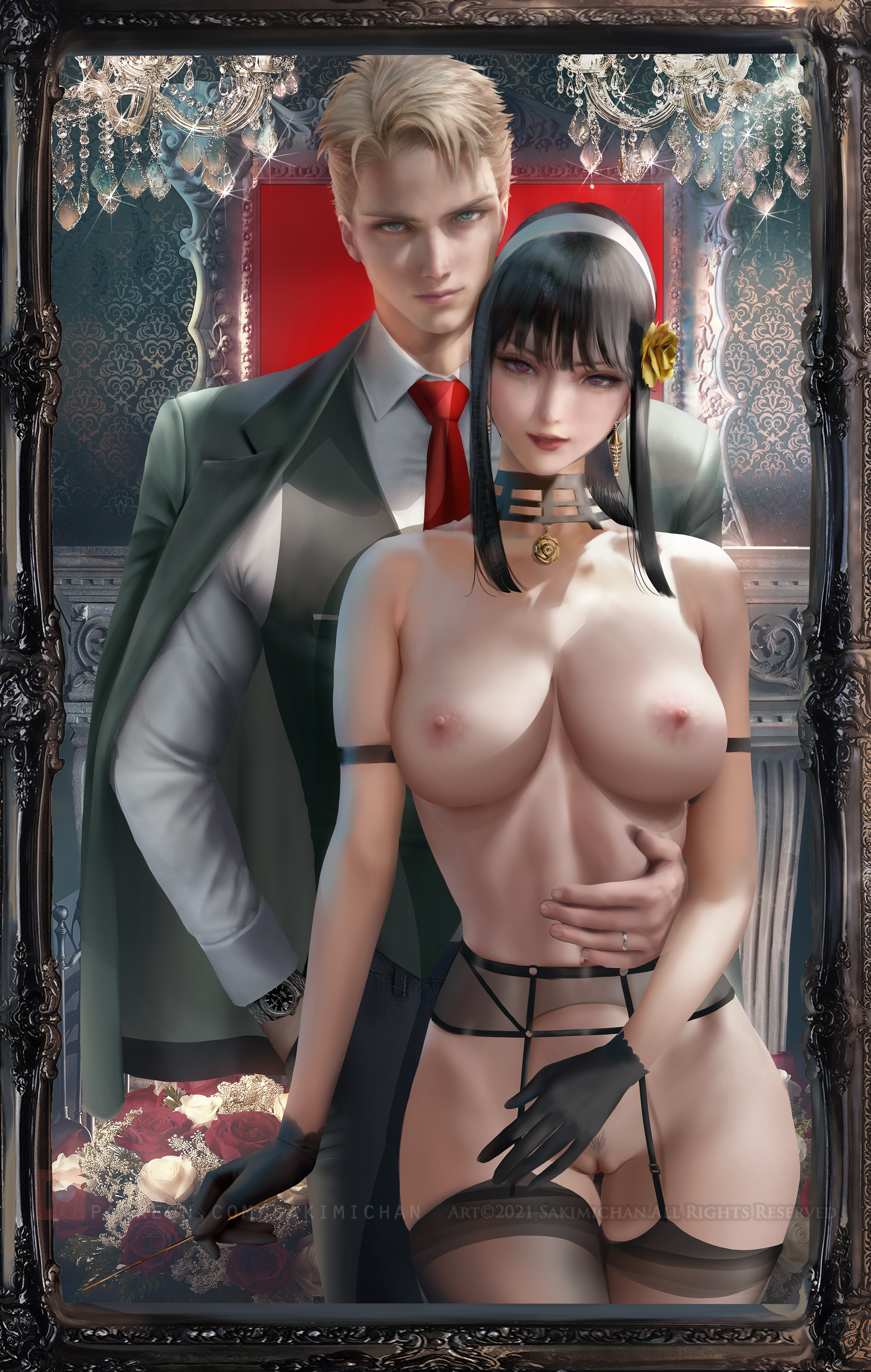 1boy, 1girls, assassin, big breasts, black hair, breasts, couple, female, human female, husband and wife, light skin, light-skinned female, loid forger, male, mature female, nipples, realistic, red eyes, sakimichan, spy x family, stiletto (weapon), thick thighs, thorn princess, variant set, yor briar, yor forger