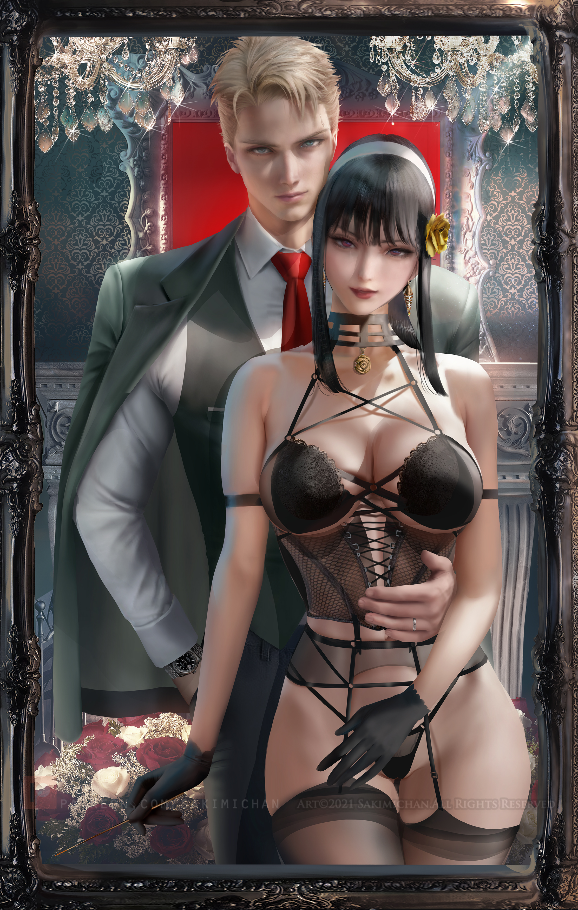 1boy, 1girls, assassin, big breasts, black hair, breasts, couple, female, human female, husband and wife, light skin, light-skinned female, lingerie, loid forger, male, mature female, realistic, red eyes, sakimichan, spy x family, stiletto (weapon), thick thighs, thorn princess, variant set, yor briar, yor forger