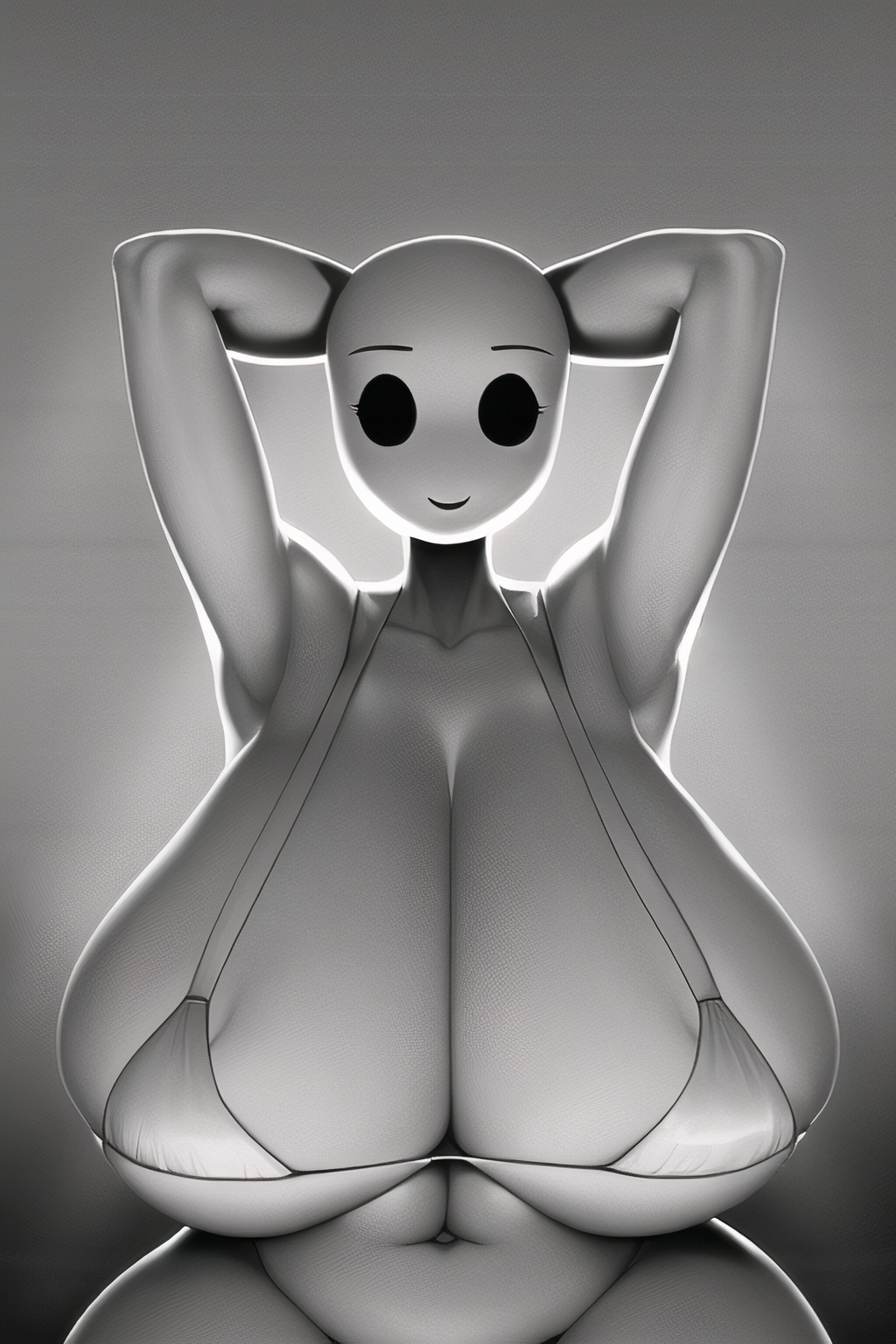1girls, ai generated, arms behind head, big breasts, bikini, bikini bottom, bikini top, bra, breasts, female, female focus, female only, grey background, huge breasts, mob face, nai diffusion, nightmare waifu, posing, scary, smiling, smiling at viewer, stable diffusion, story in description, white skin