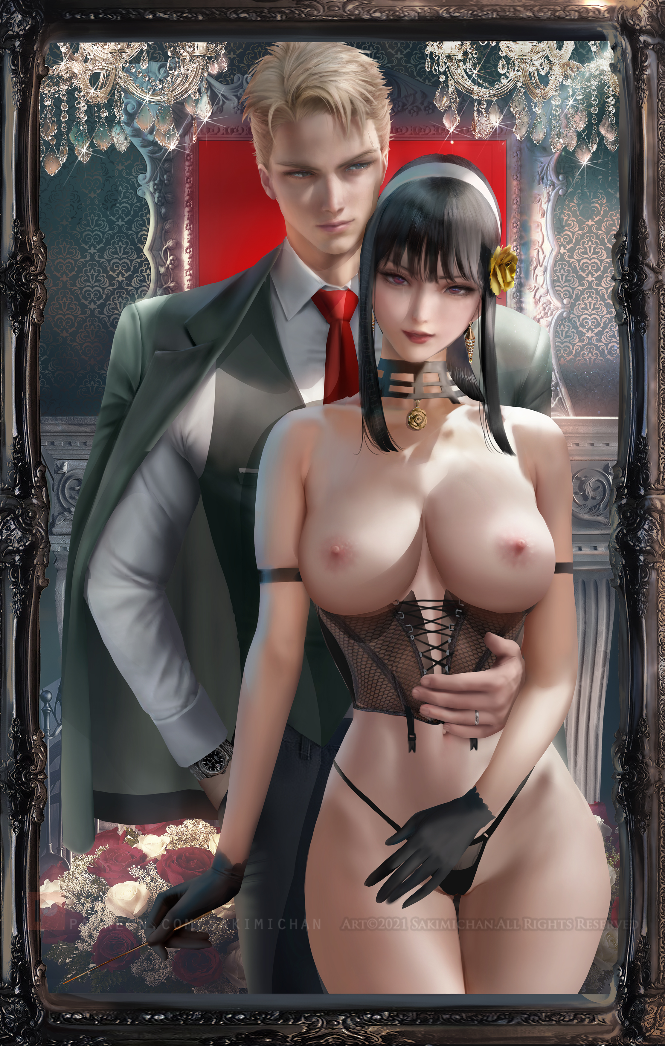 1boy, 1girls, assassin, big breasts, black hair, breasts, couple, female, human female, husband and wife, loid forger, male, mature female, nipples, partially clothed, realistic, red eyes, sakimichan, spy x family, stiletto (weapon), thick thighs, thorn princess, variant set, yor briar, yor forger