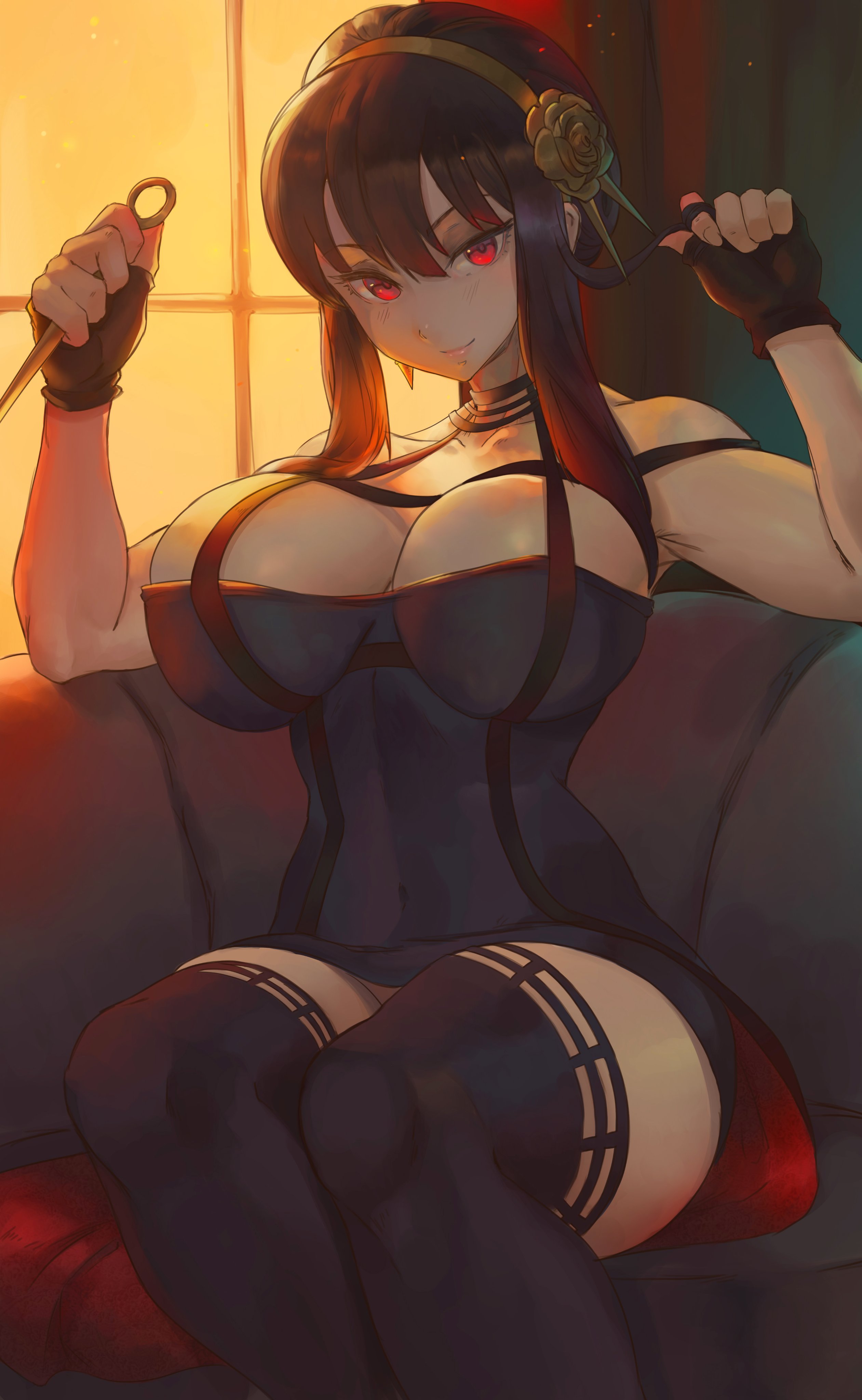 1girls, 2022, assassin, black clothing, black hair, breasts, clothed, clothed female, cutesexyrobutts (style), female, female only, hi res, hips, holding object, huge breasts, indoors, lesottart, light blush, long hair, looking at viewer, red eyes, slim waist, smile, spy x family, stiletto (weapon), sunset, thick thighs, thighhighs, thighs, thorn princess, weapon, wide hips, yor briar, yor forger