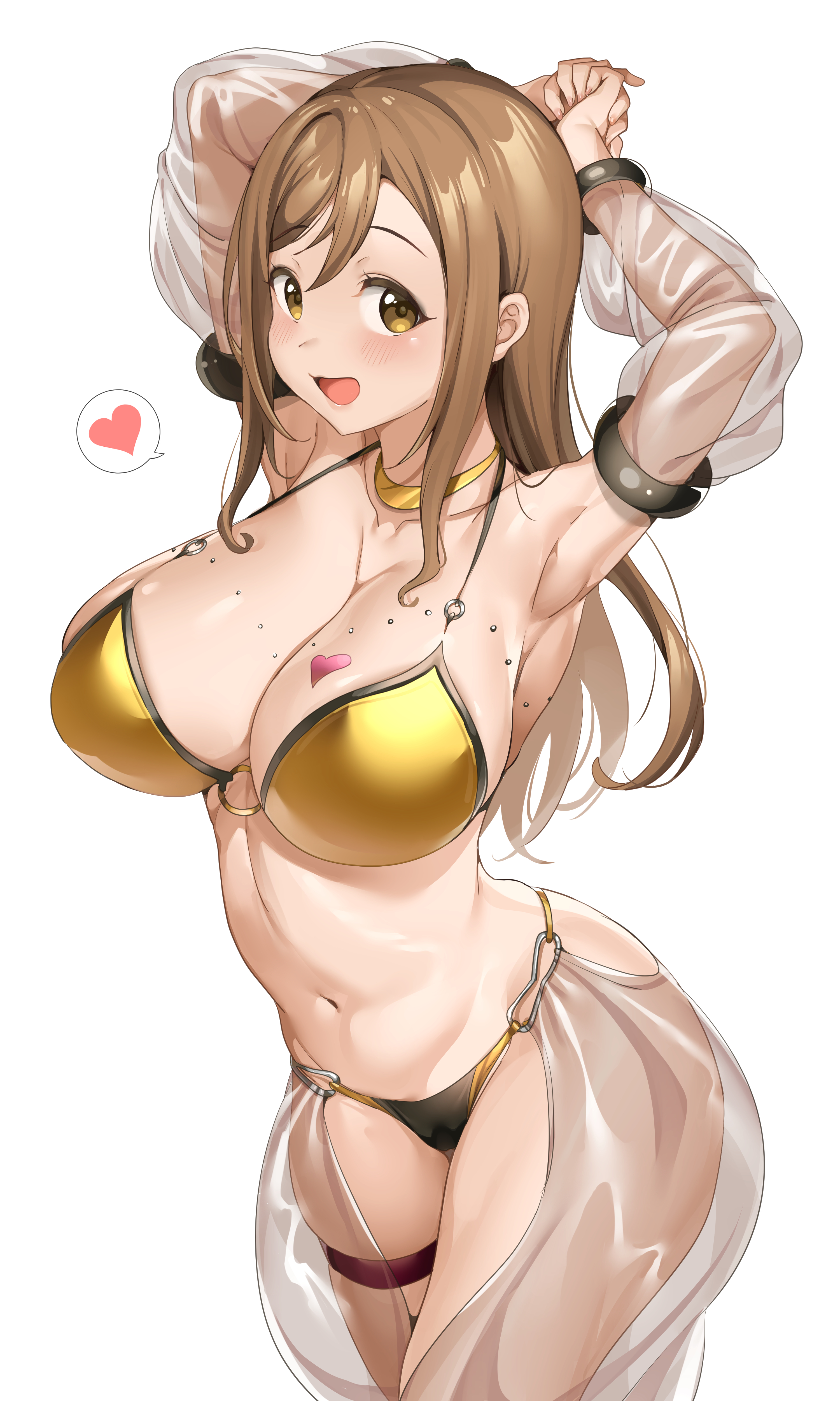 1girls, arms behind head, belly, belly button, big breasts, breasts, cleavage, collar, collarbone, curvaceous, curvy, curvy figure, eye contact, feet out of frame, female, female only, heart, hi res, high resolution, highres, hourglass figure, huge breasts, jewelry, kunikida hanamaru, large breasts, large filesize, looking at viewer, love live!, love live! sunshine!!, midriff, navel, o-ring, o-ring bikini, plain background, simple background, skindentation, tem10, thigh strap, thin waist, white background, wide hips, yellow eyes